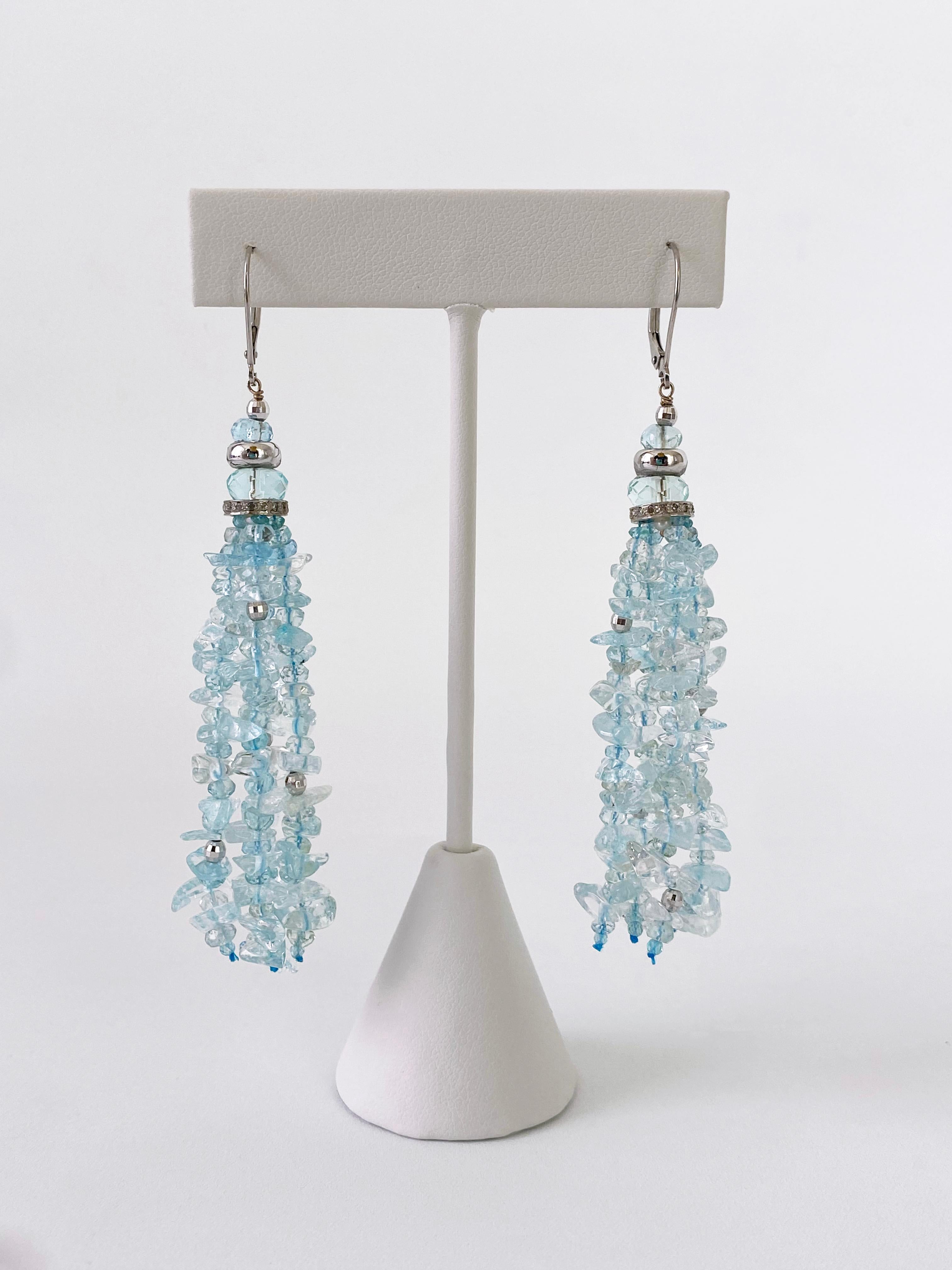 Artisan Marina J. Aquamarine Tassel Earrings with 14k White Gold For Sale