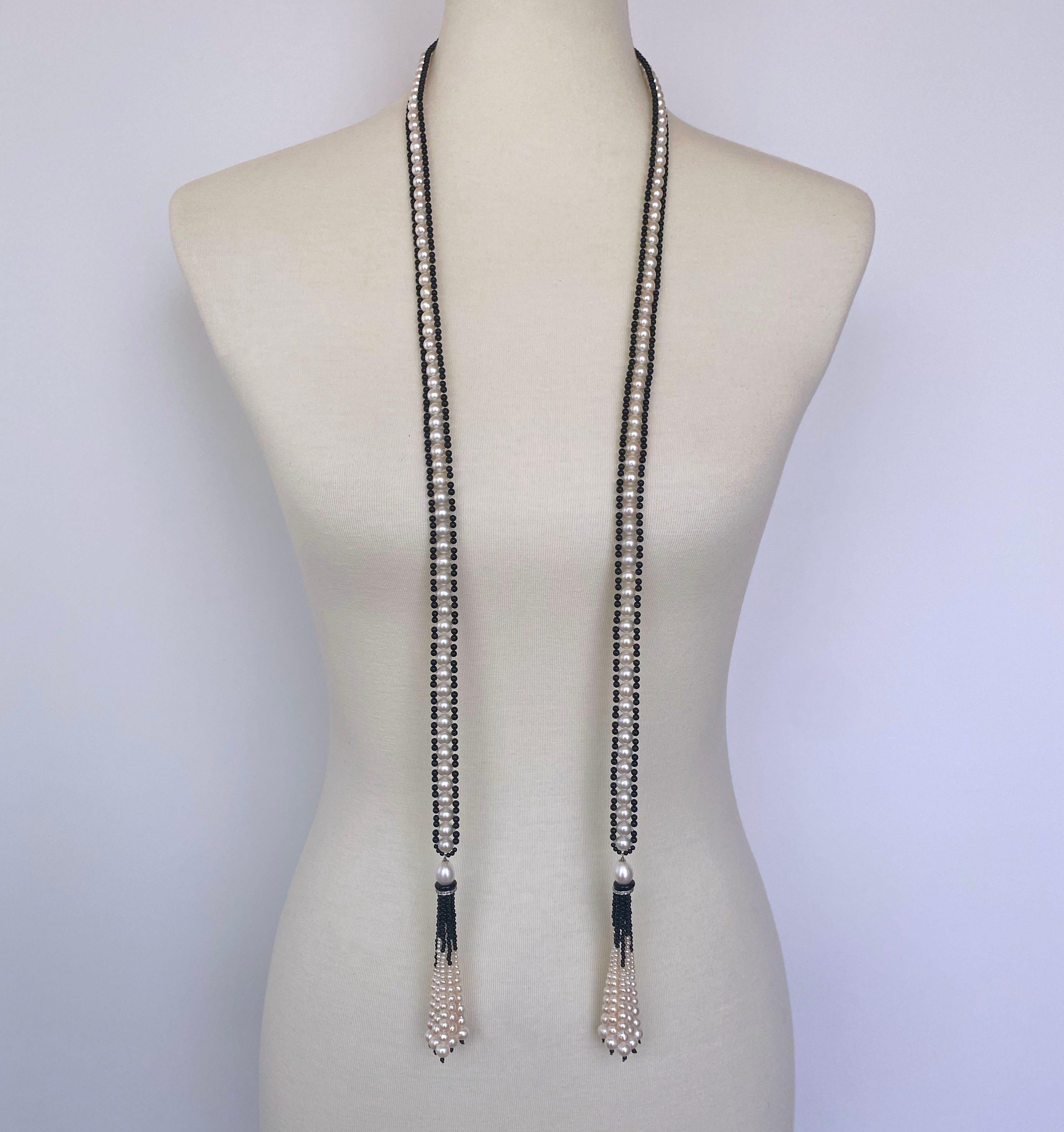 Bead Marina J. Art Deco Inspired Pearl & Black Onyx Sautoir with Graduated Tassels For Sale