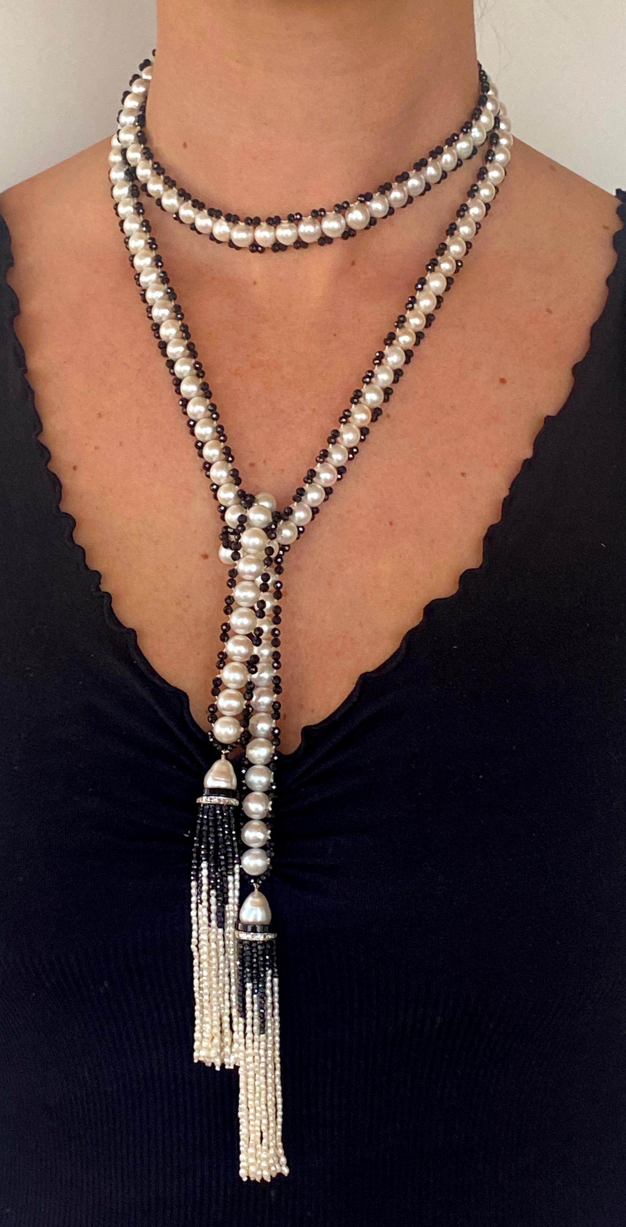 Gorgeous Marina J. hand woven Sautoir. This piece features perfectly round Pearls which display a wild sheen and luster, bordered by smooth Black Onyx beads. Each Pearl was individually chosen giving the Sautoir a perfect and harmonious feel