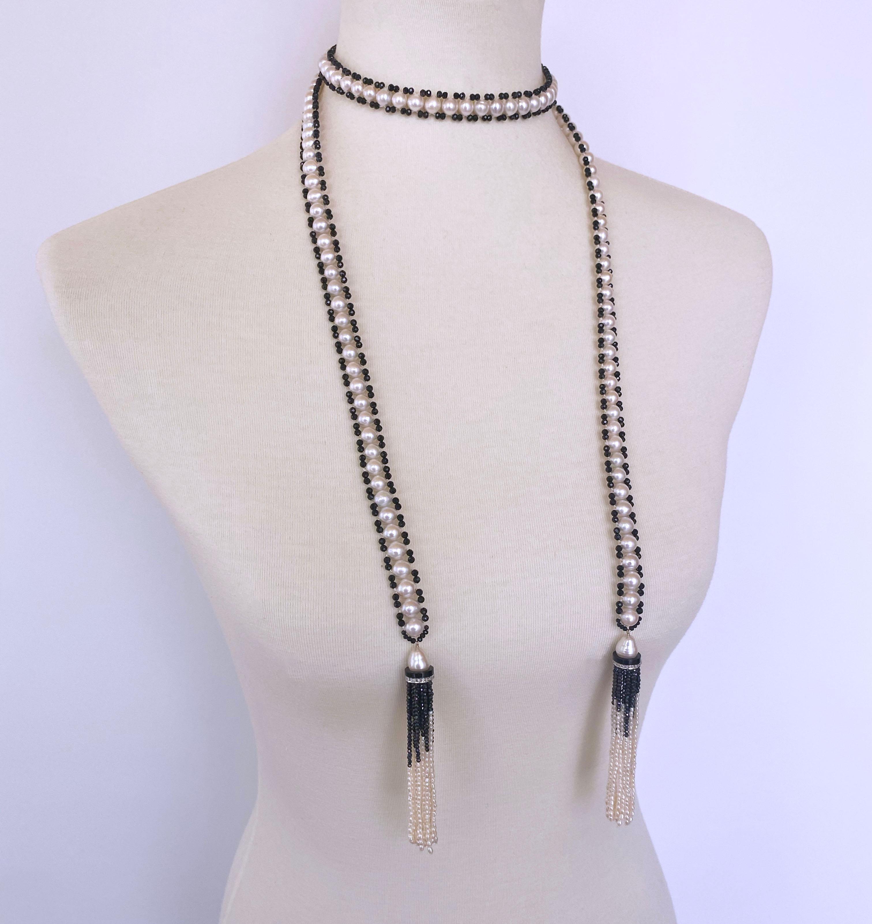 Women's Marina J. Art Deco Inspired Pearl & Black Onyx Sautoir with Graduated Tassels For Sale