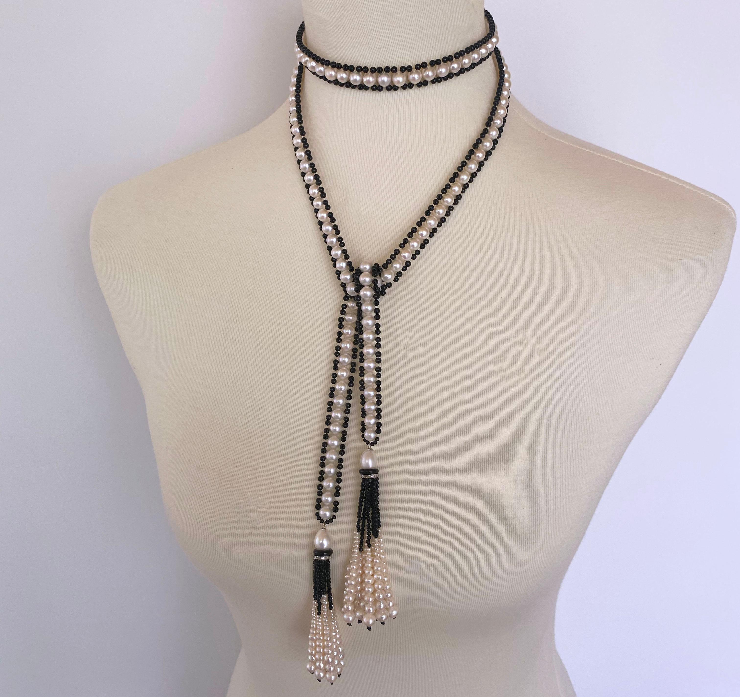 Artisan Marina J. Sautoir d'inspiration art déco en perles et onyx noir avec glands gradués en vente