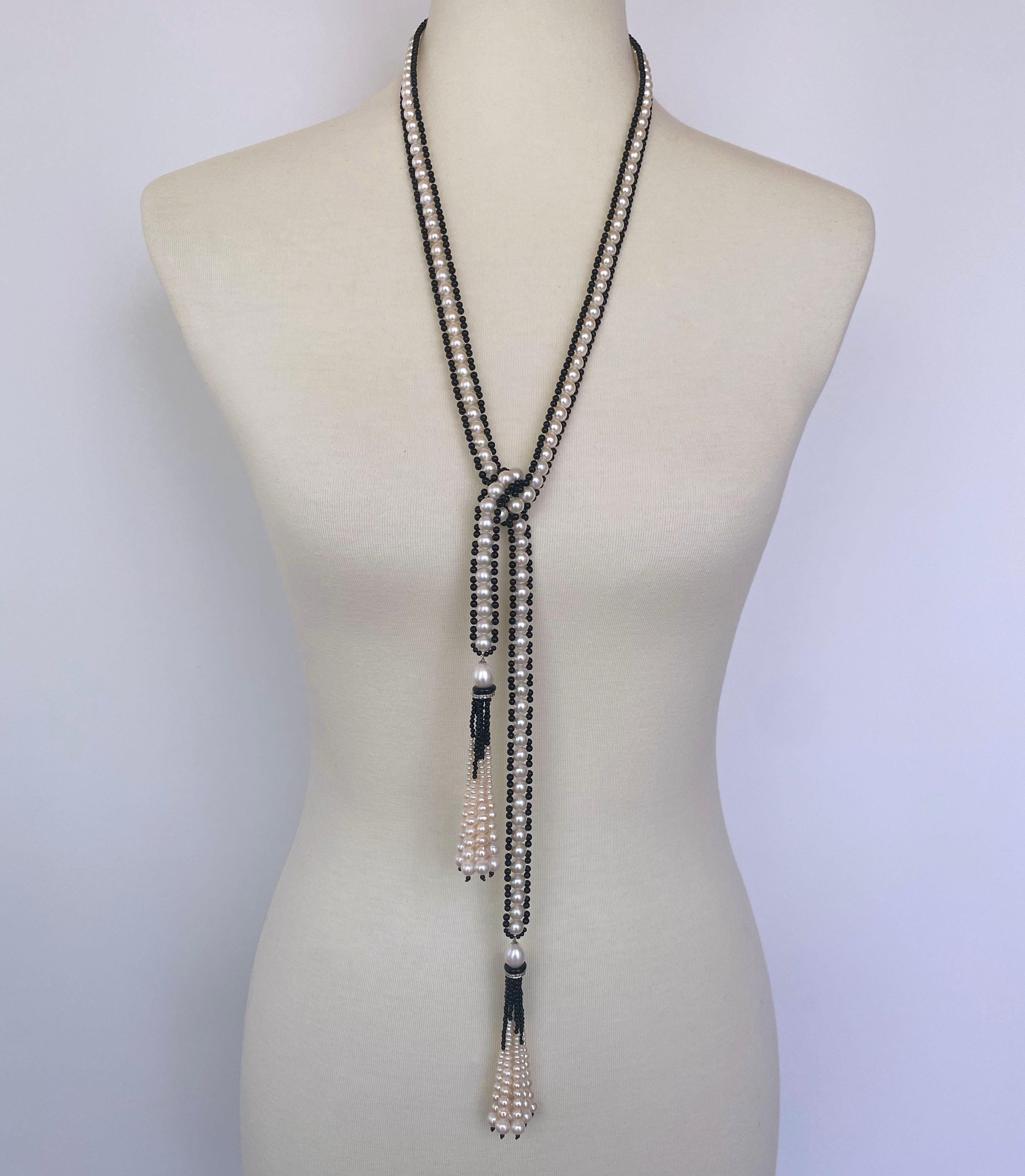 Artisan Marina J. Art Deco Inspired Pearl & Black Onyx Sautoir with Graduated Tassels For Sale