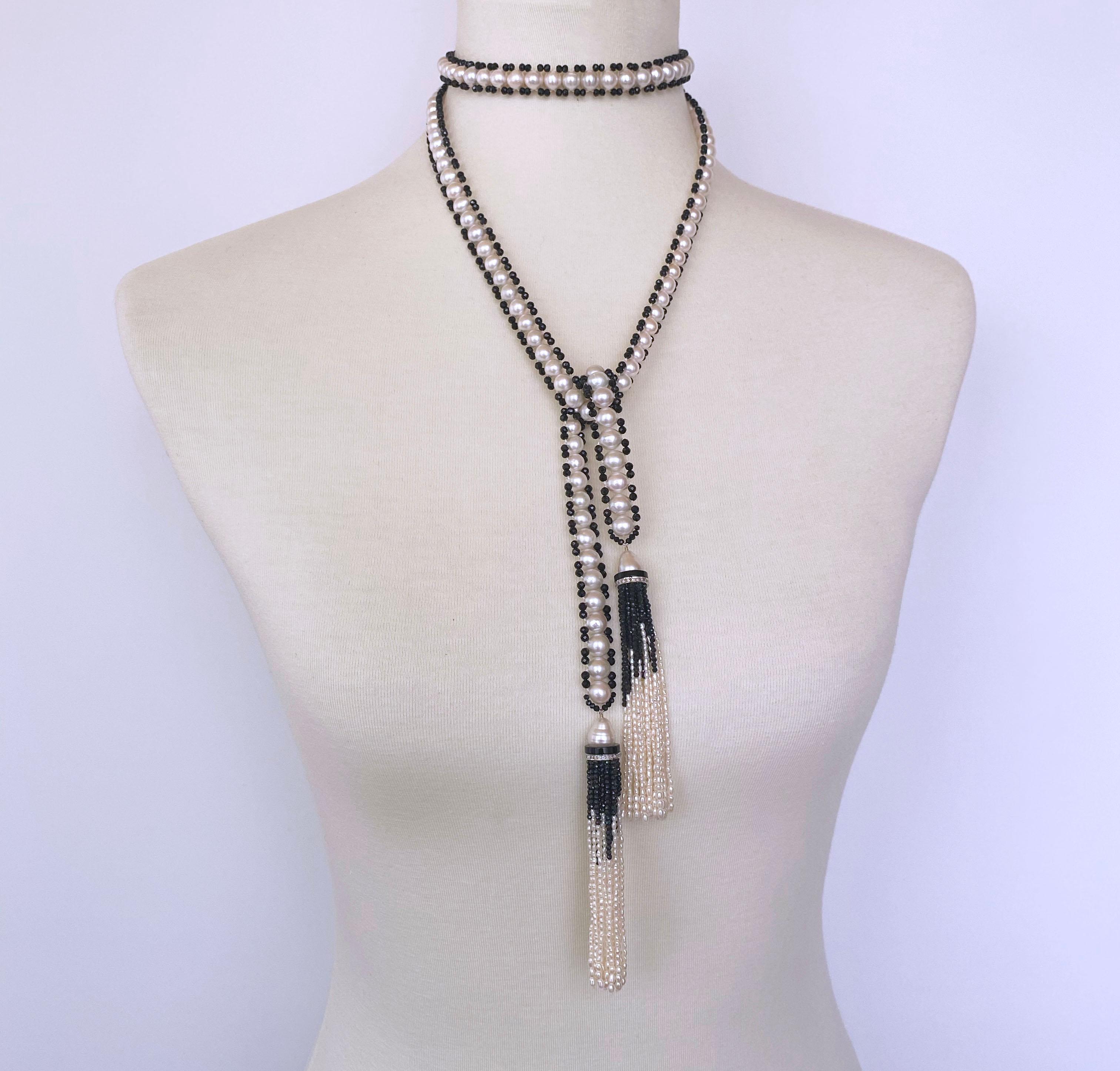 Marina J. Art Deco Inspired Pearl & Black Onyx Sautoir with Graduated Tassels For Sale 1