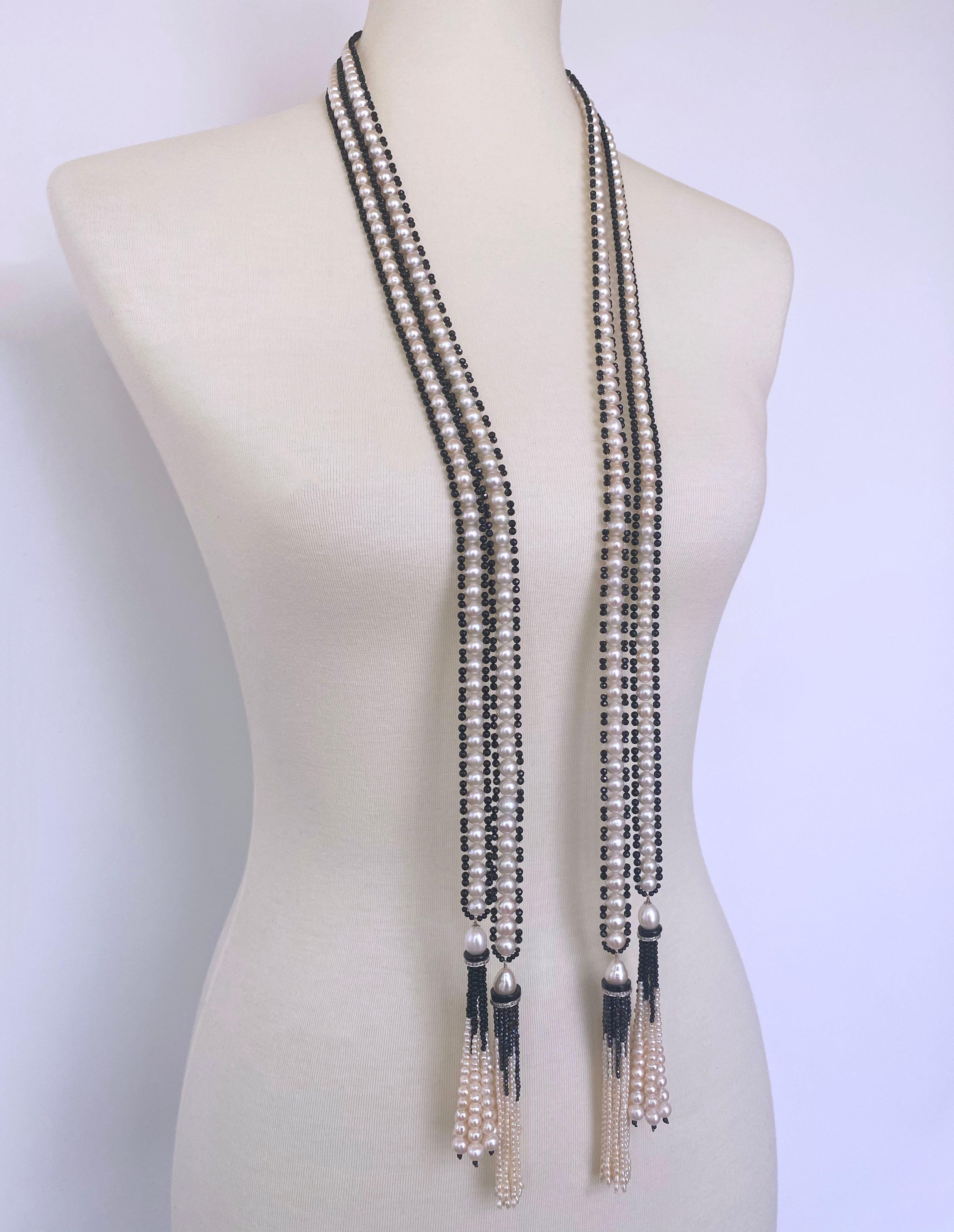 Marina J. Art Deco Inspired Pearl & Black Onyx Sautoir with Graduated Tassels In New Condition For Sale In Los Angeles, CA