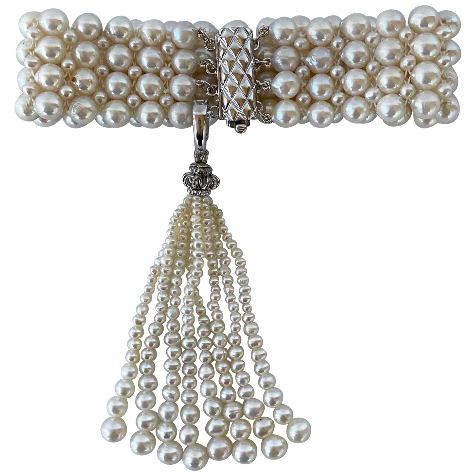 Marina J. "Art Deco" Inspired Woven Pearl Bracelet with Pearl Tassel For Sale