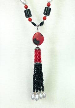 Marina J. Art Deco Style Sautoir Necklace with Coral, Onyx, Pearl and Tassel