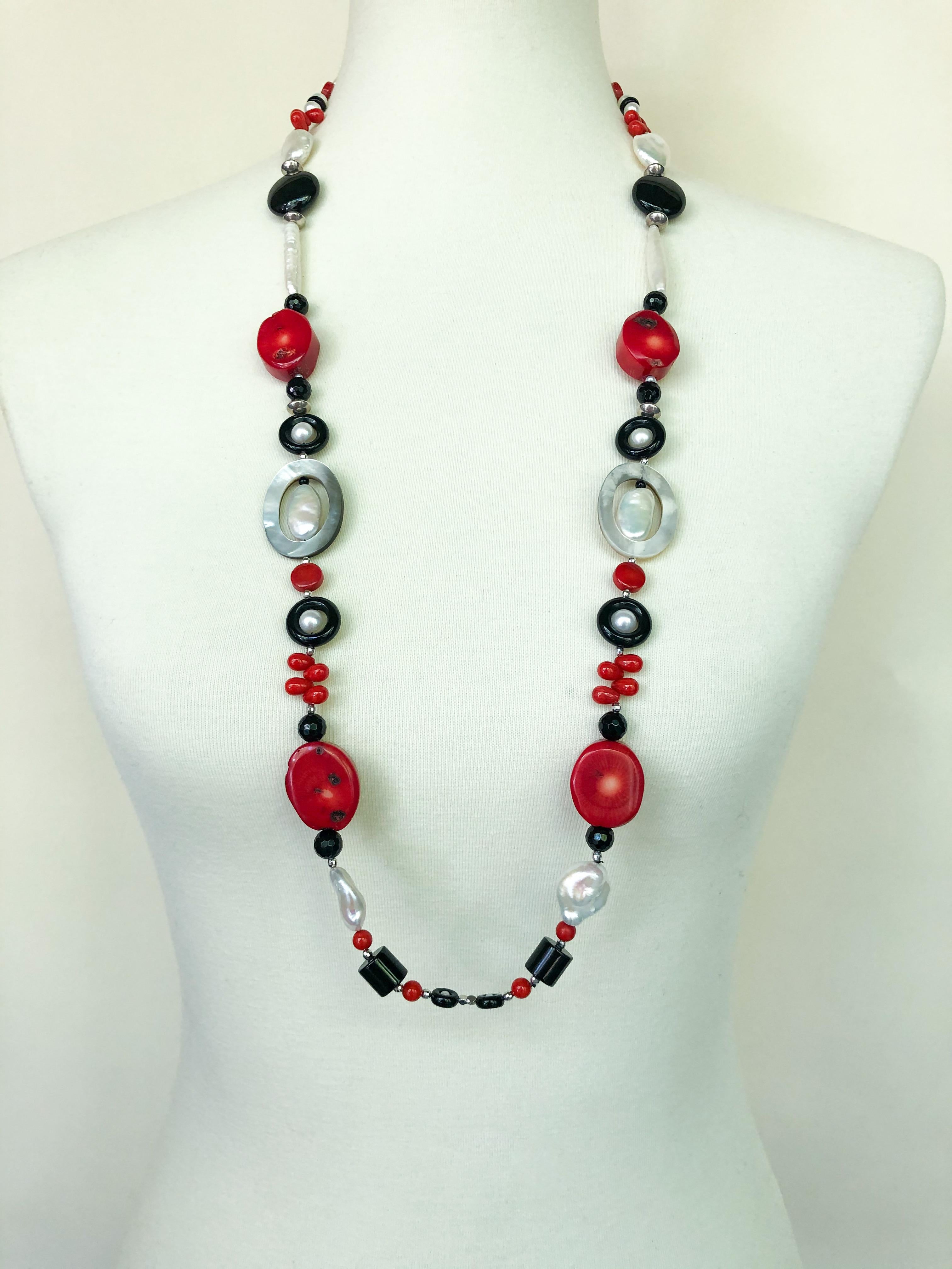 Marina J. Art Deco Style Sautoir Necklace with Coral, Onyx, Pearl and Tassel In New Condition For Sale In Los Angeles, CA