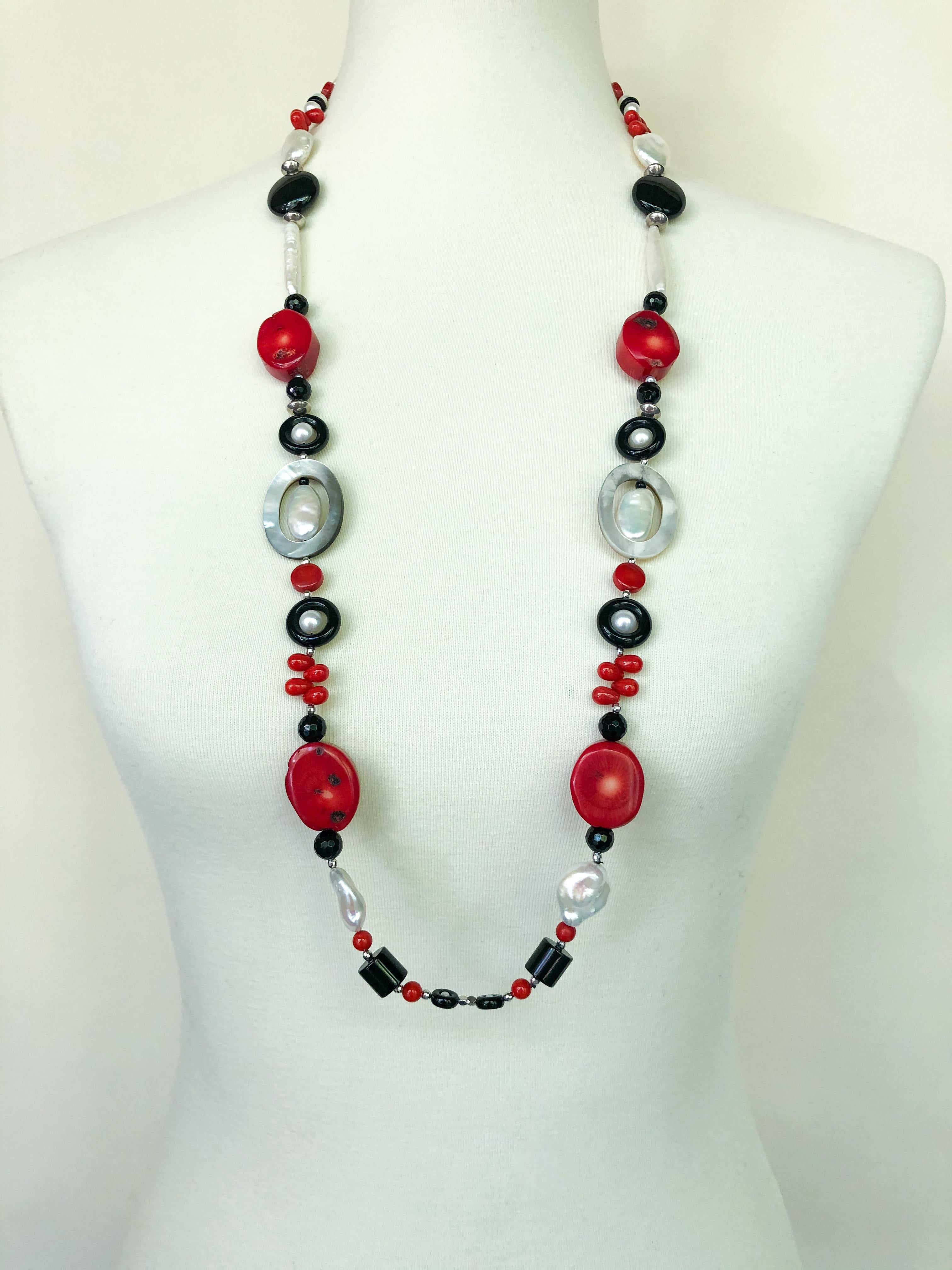 Bead Marina J. Art Deco Style Sautoir Necklace with Coral, Onyx, Pearl and Tassel For Sale