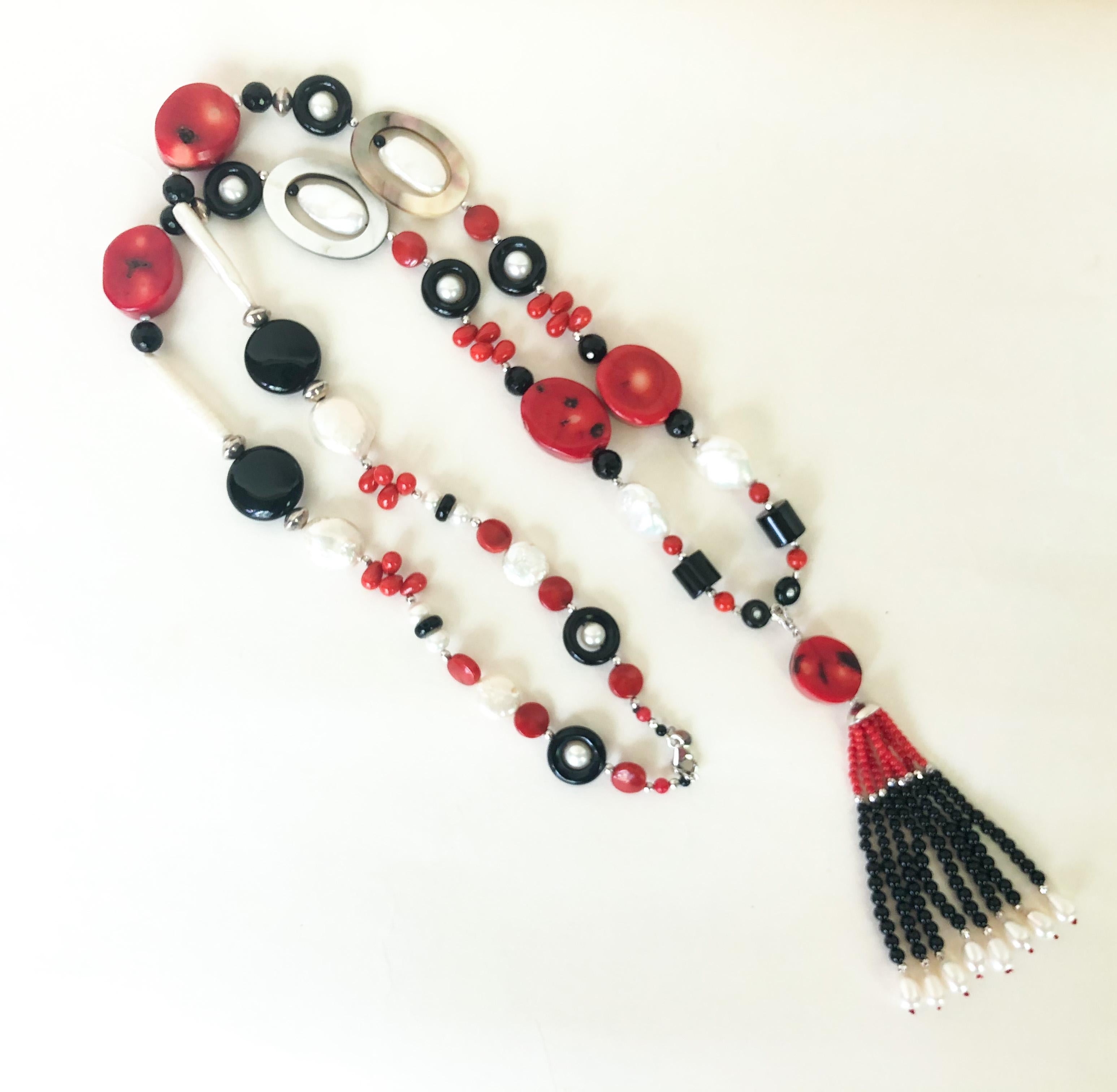 Women's or Men's Marina J. Art Deco Style Sautoir Necklace with Coral, Onyx, Pearl and Tassel For Sale