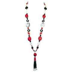 Marina J. Art Deco Style Sautoir Necklace with Coral, Onyx, Pearl and Tassel