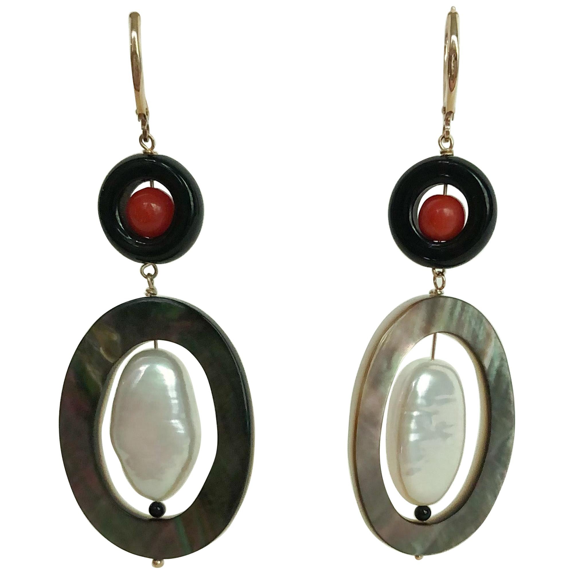 Marina J. "Art Deco Style" Earrings with Coral, Onyx, Pearl, and 14 Karat Gold For Sale
