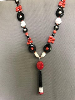 Marina J. Art Deco Style Sautoir Necklace with Pearl, Coral, Onyx and Tassel
