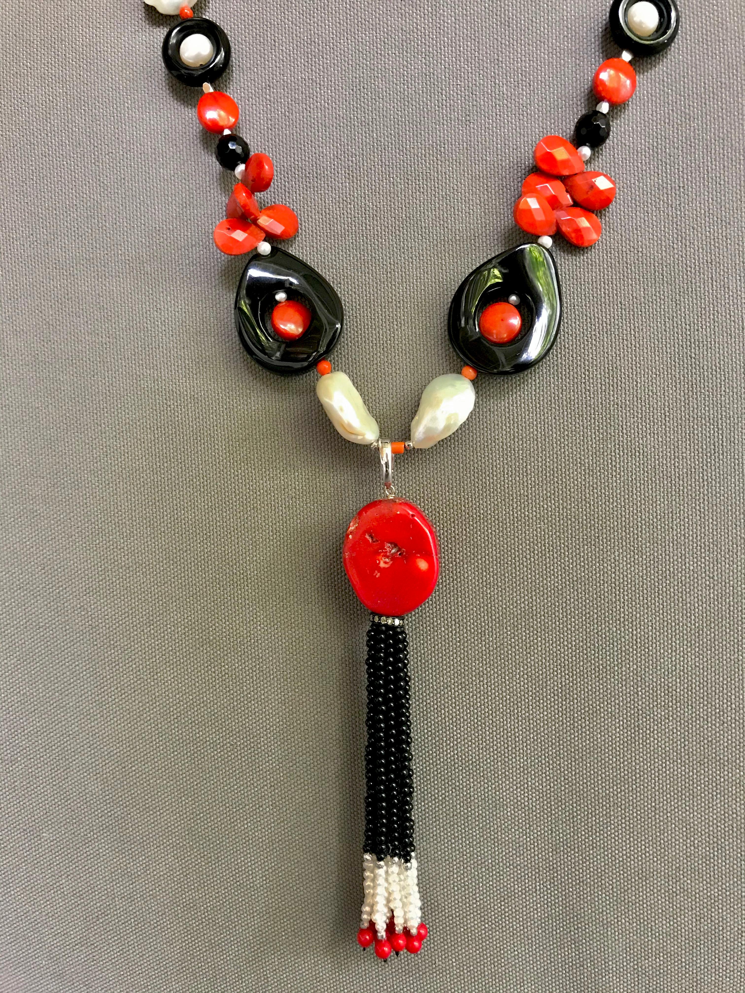 Brilliant Cut Marina J. Art Deco Style Sautoir Necklace with Pearl, Coral, Onyx and Tassel