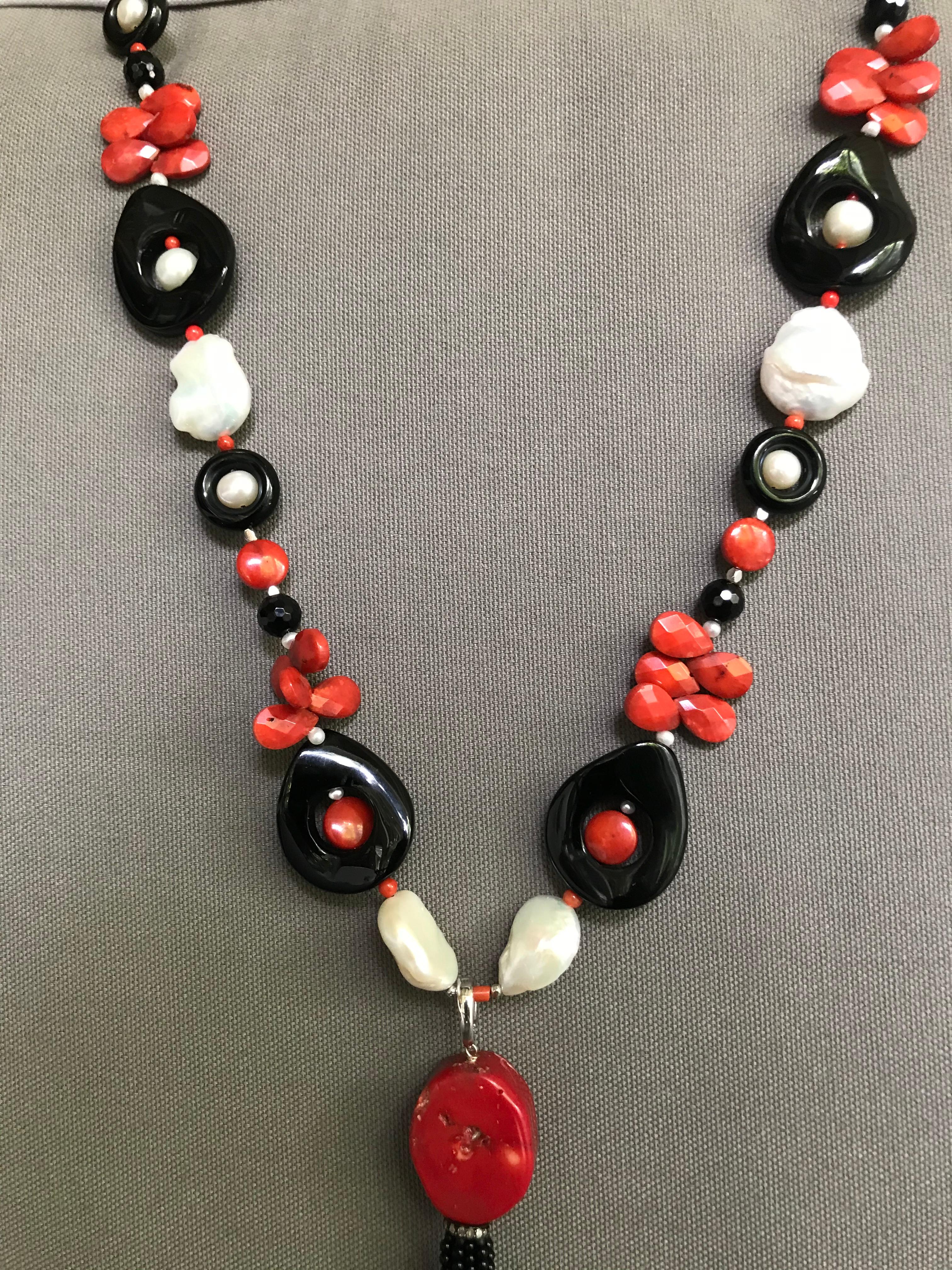 Marina J. Art Deco Style Sautoir Necklace with Pearl, Coral, Onyx and Tassel In New Condition In Los Angeles, CA
