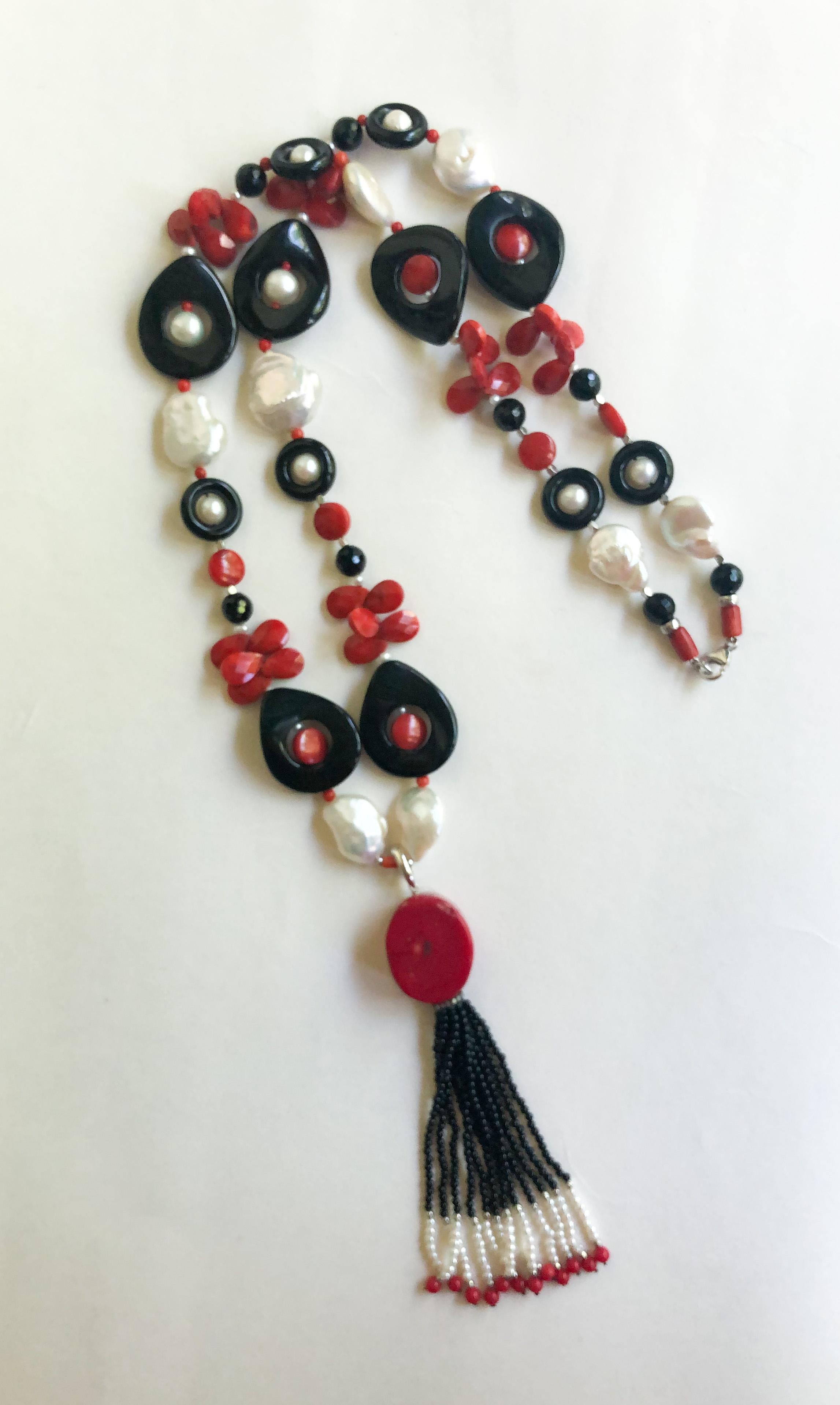 Marina J. Art Deco Style Sautoir Necklace with Pearl, Coral, Onyx and Tassel 1