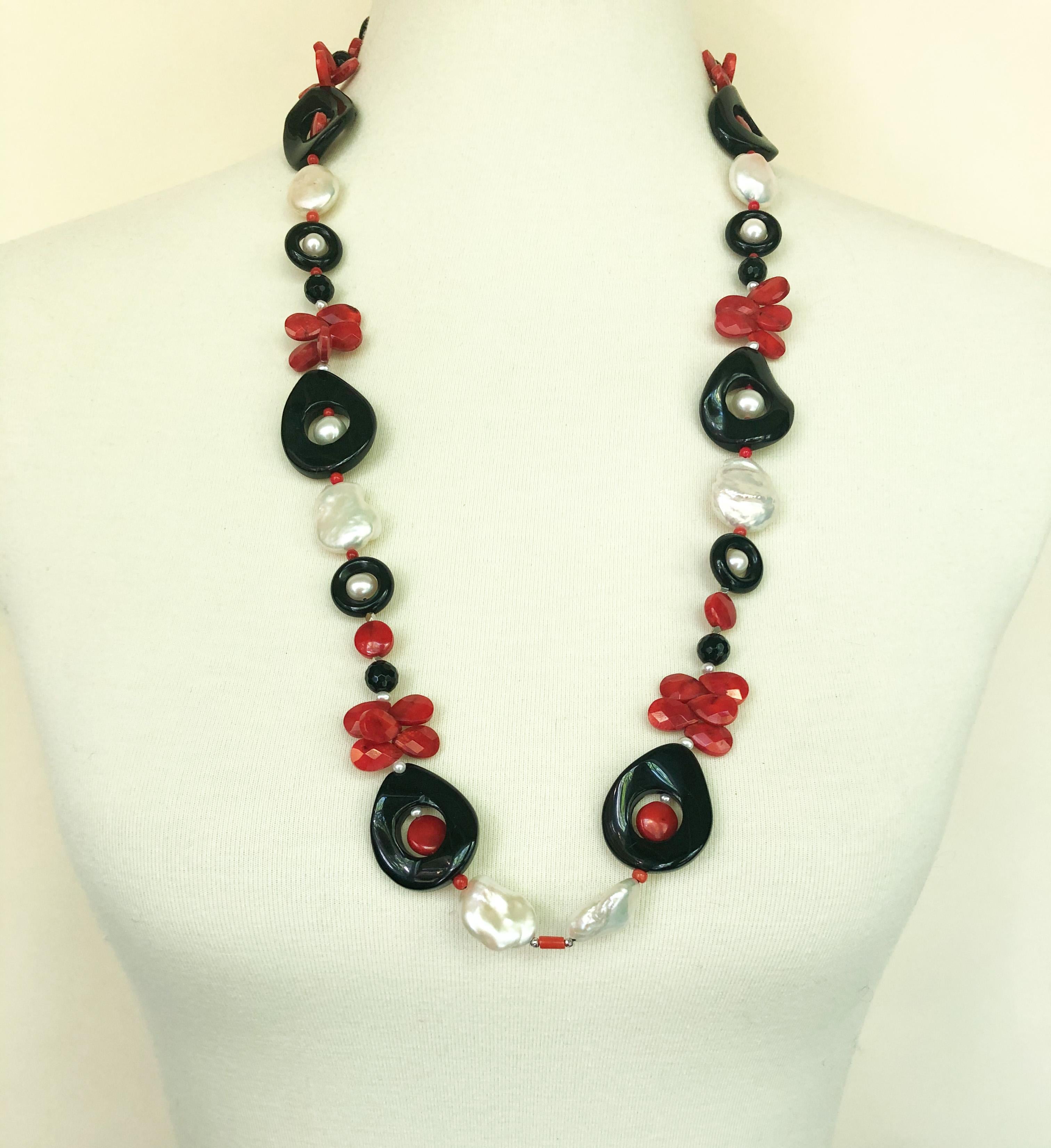 Marina J. Art Deco Style Sautoir Necklace with Pearl, Coral, Onyx and Tassel 2