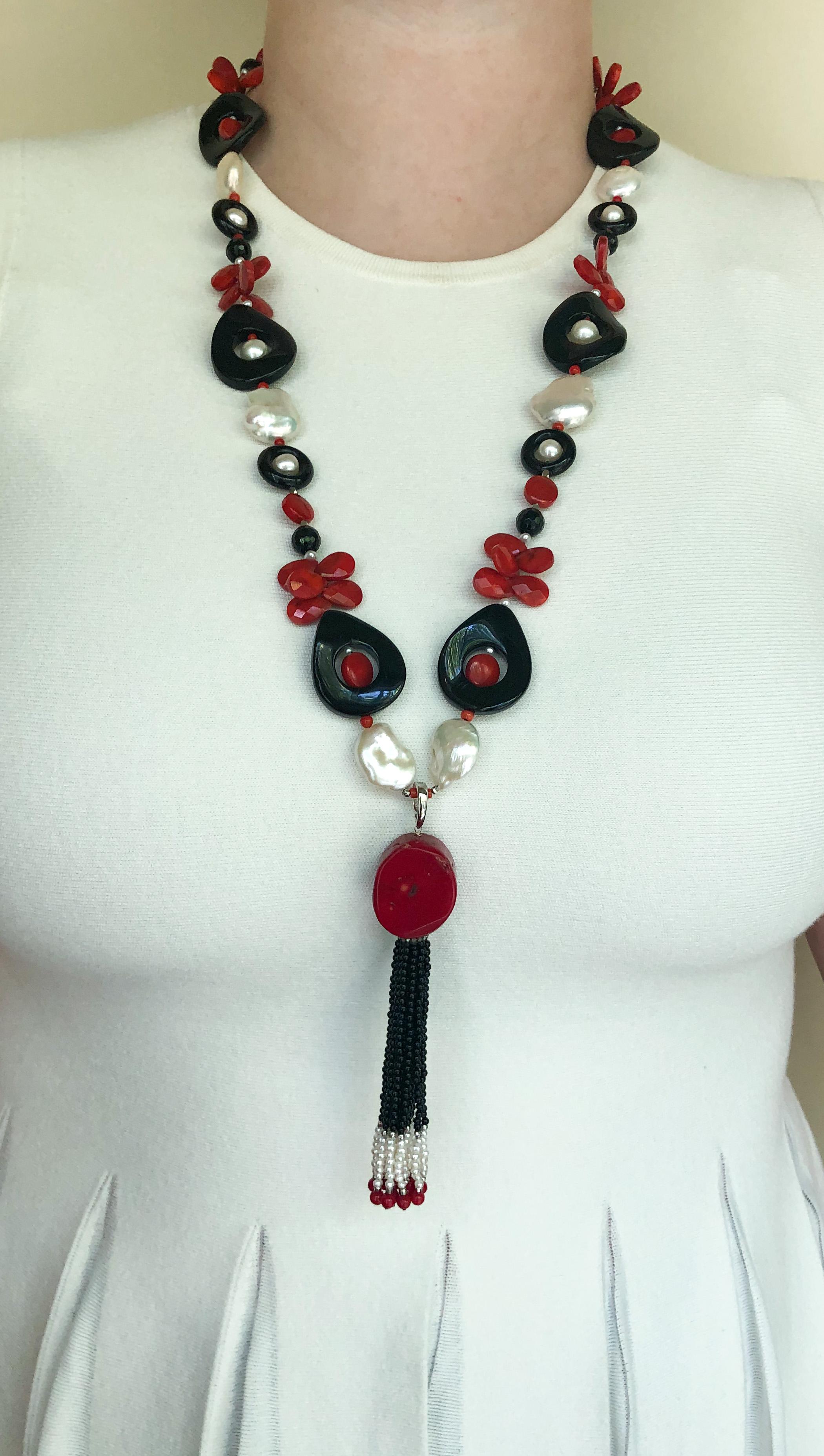 Marina J. Art Deco Style Sautoir Necklace with Pearl, Coral, Onyx and Tassel 3