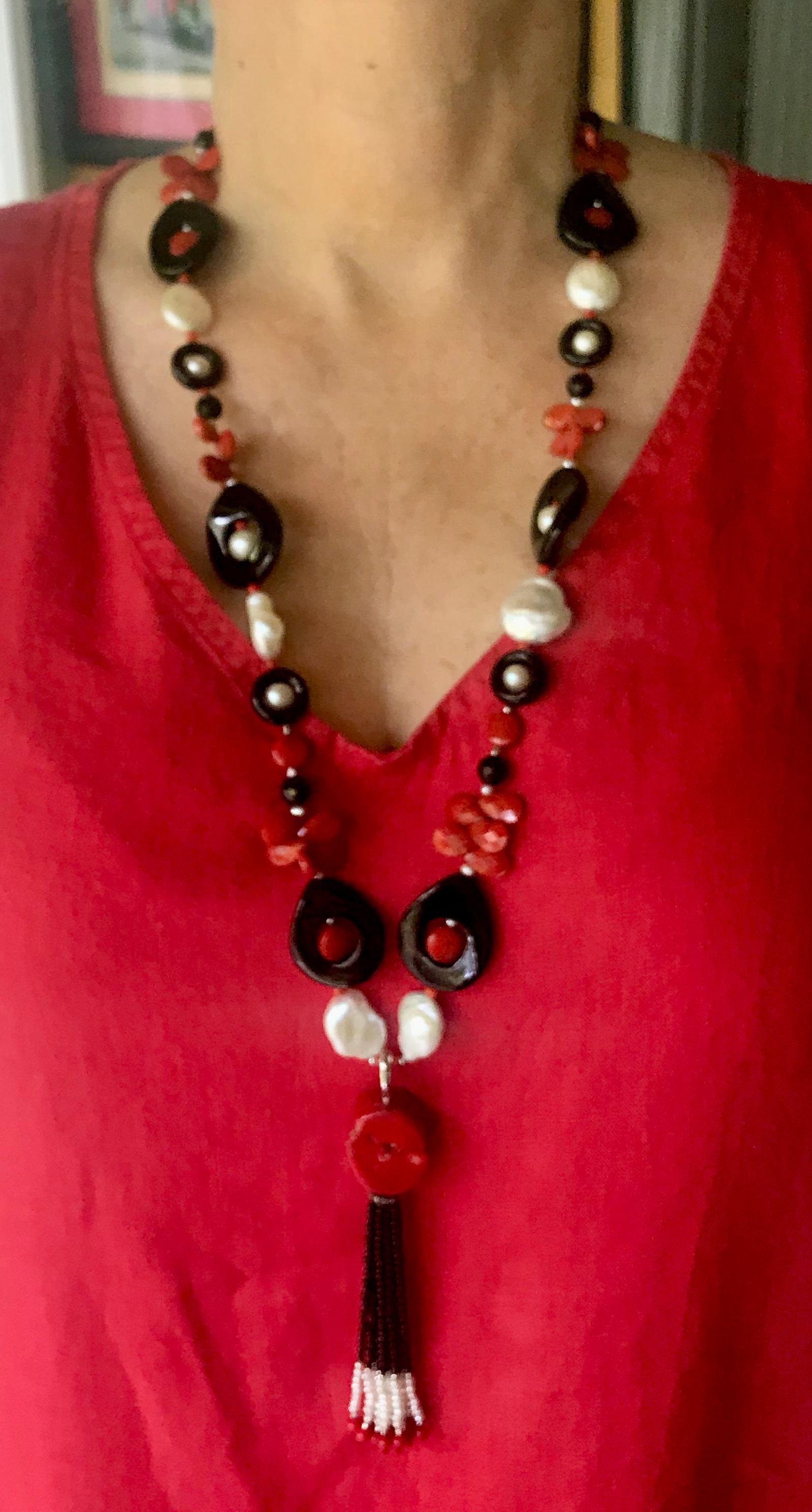 Marina J. Art Deco Style Sautoir Necklace with Pearl, Coral, Onyx and Tassel 4