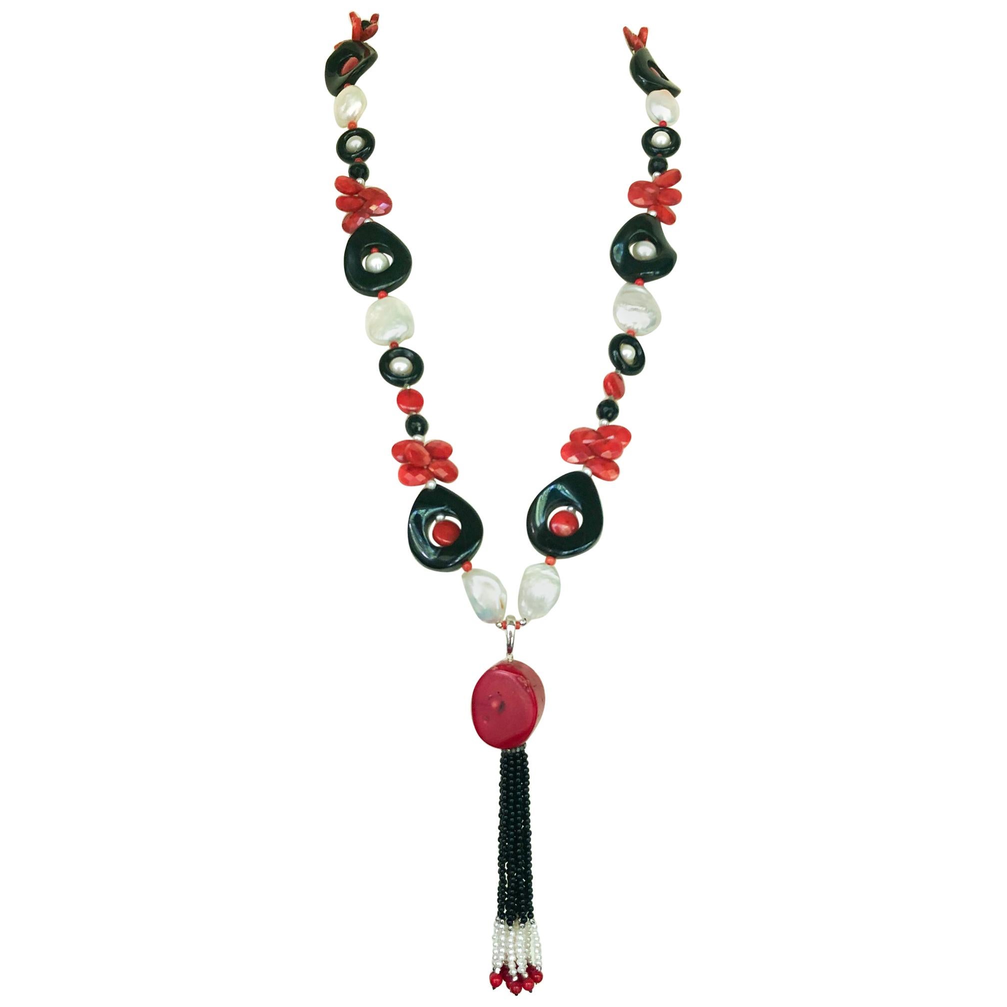Marina J. Art Deco Style Sautoir Necklace with Pearl, Coral, Onyx and Tassel