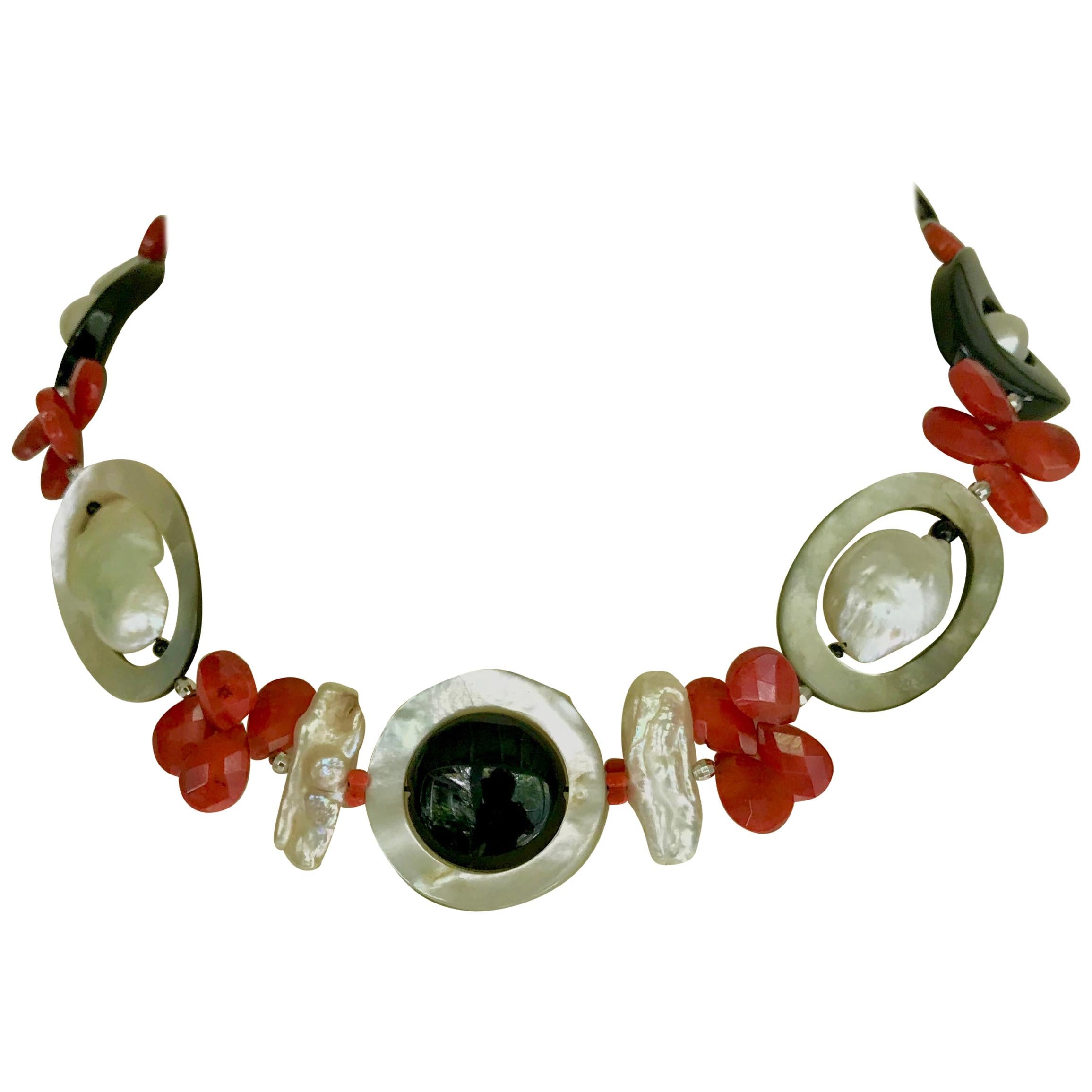 Marina J Art Deco Style Red Coral Pearl Mother of Pearl and Black Onyx Necklace