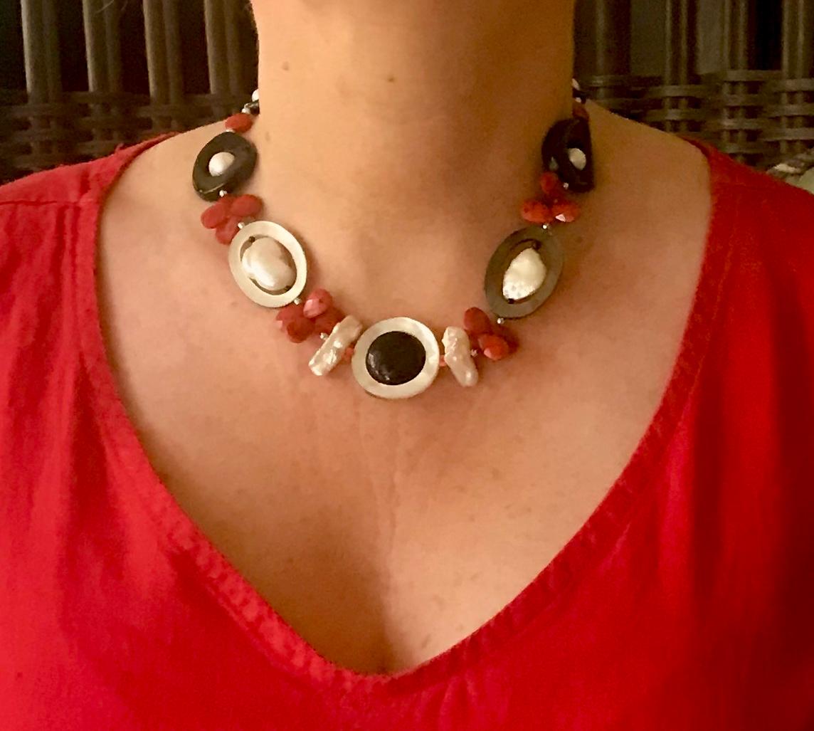 Bead Marina J Art Deco Style Red Coral Pearl Mother of Pearl and Black Onyx Necklace