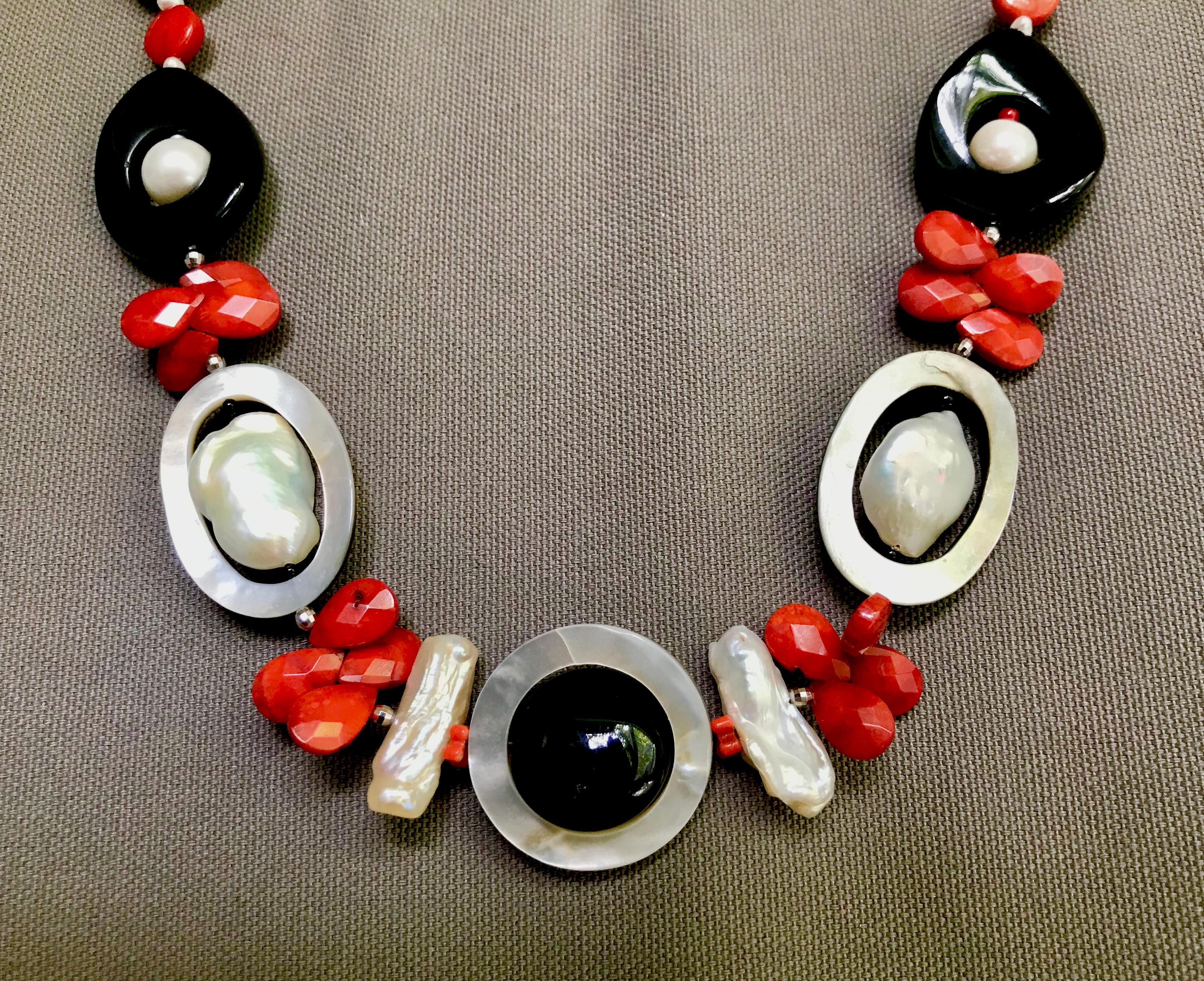 Marina J Art Deco Style Red Coral Pearl Mother of Pearl and Black Onyx Necklace In New Condition In Los Angeles, CA
