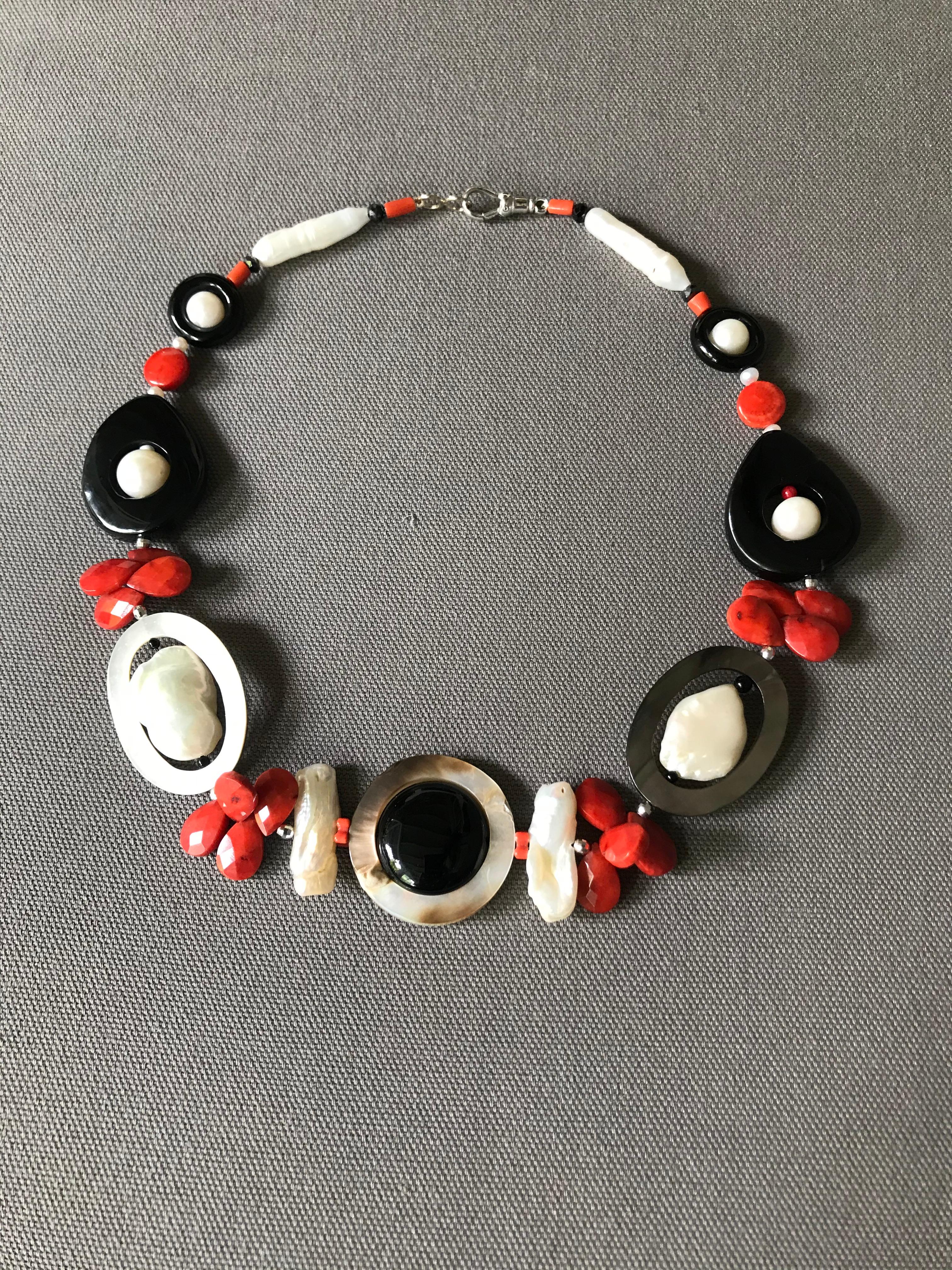 Women's Marina J Art Deco Style Red Coral Pearl Mother of Pearl and Black Onyx Necklace