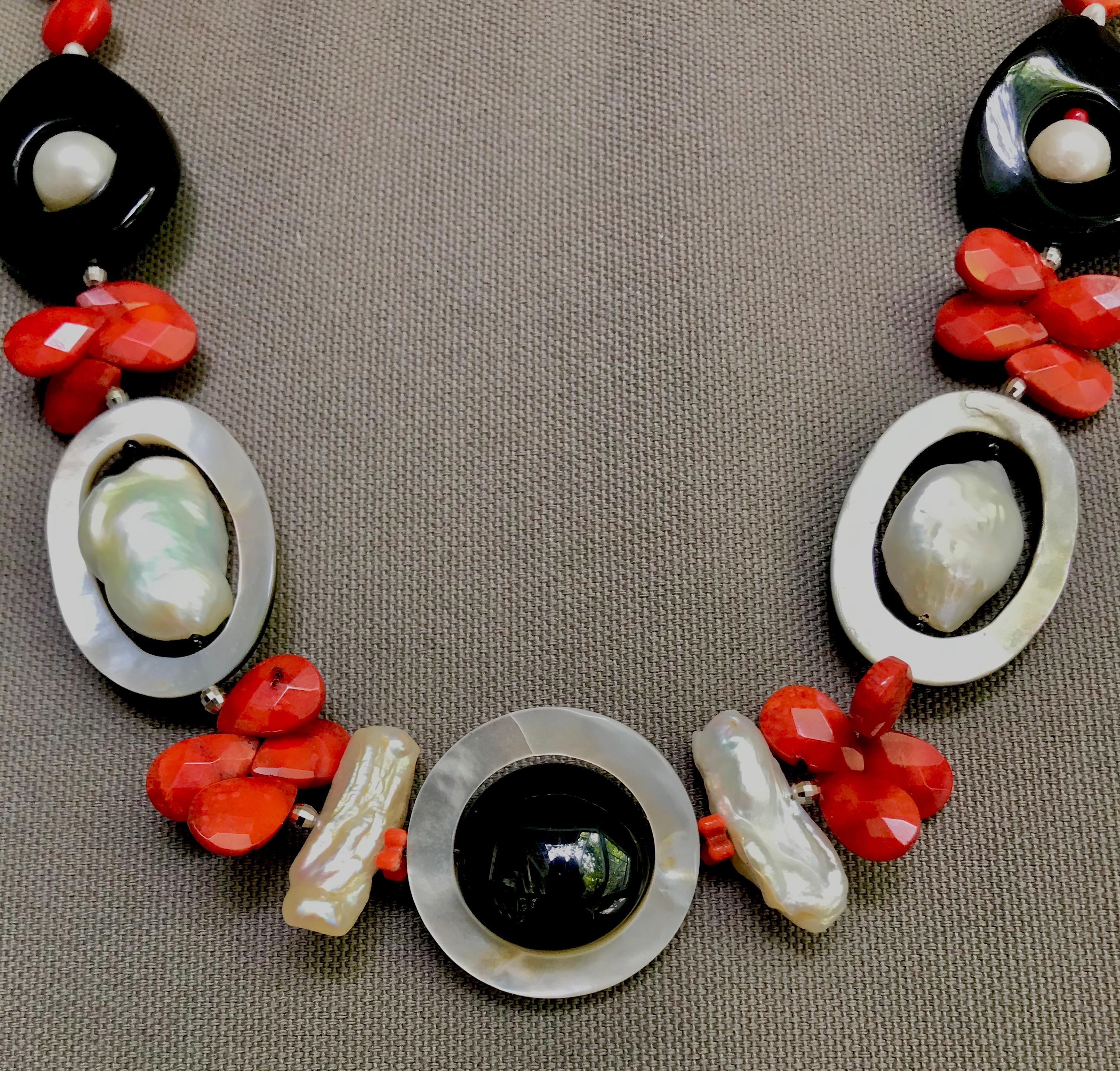 Marina J Art Deco Style Red Coral Pearl Mother of Pearl and Black Onyx Necklace 1