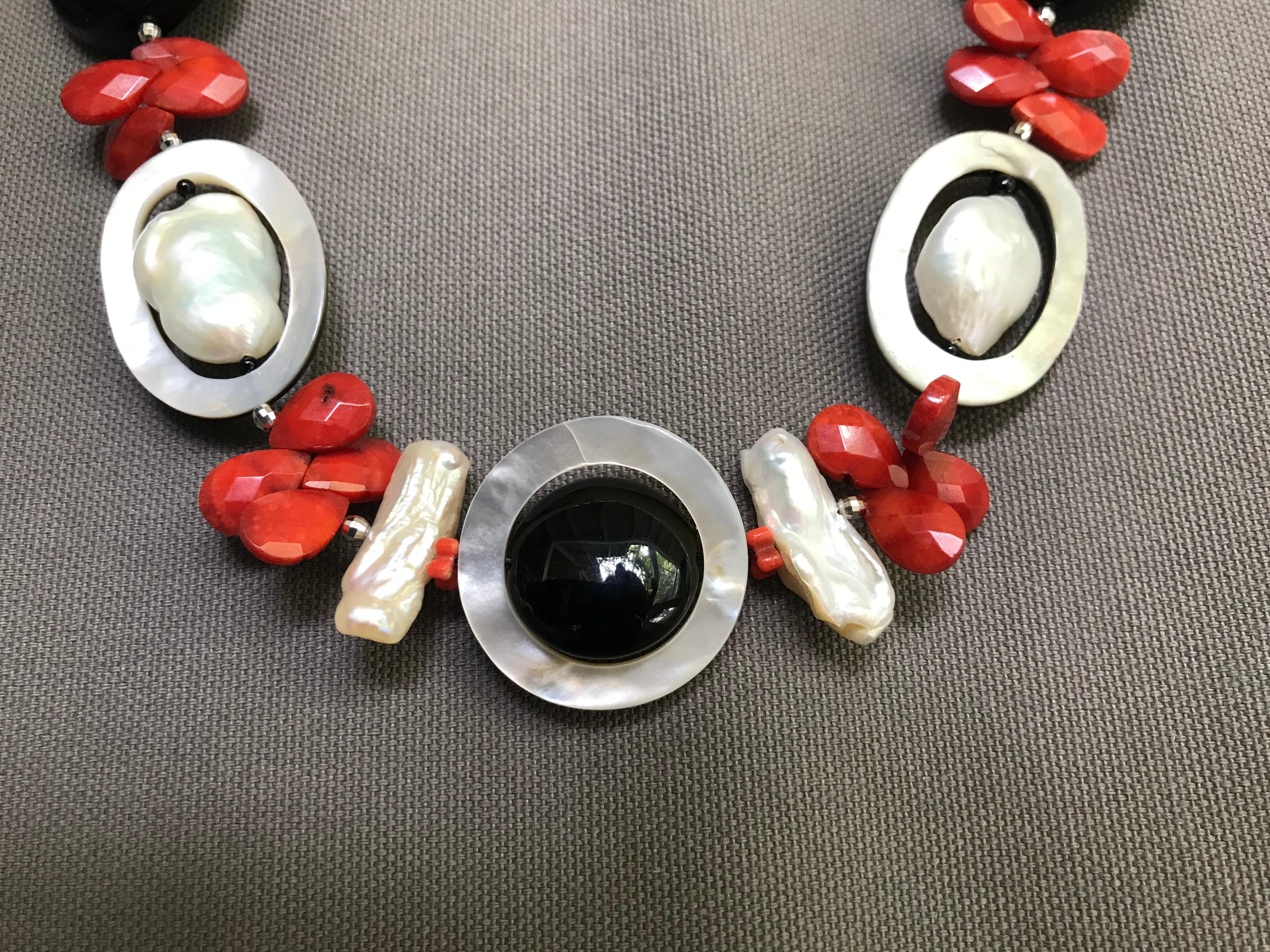Marina J Art Deco Style Red Coral Pearl Mother of Pearl and Black Onyx Necklace 2