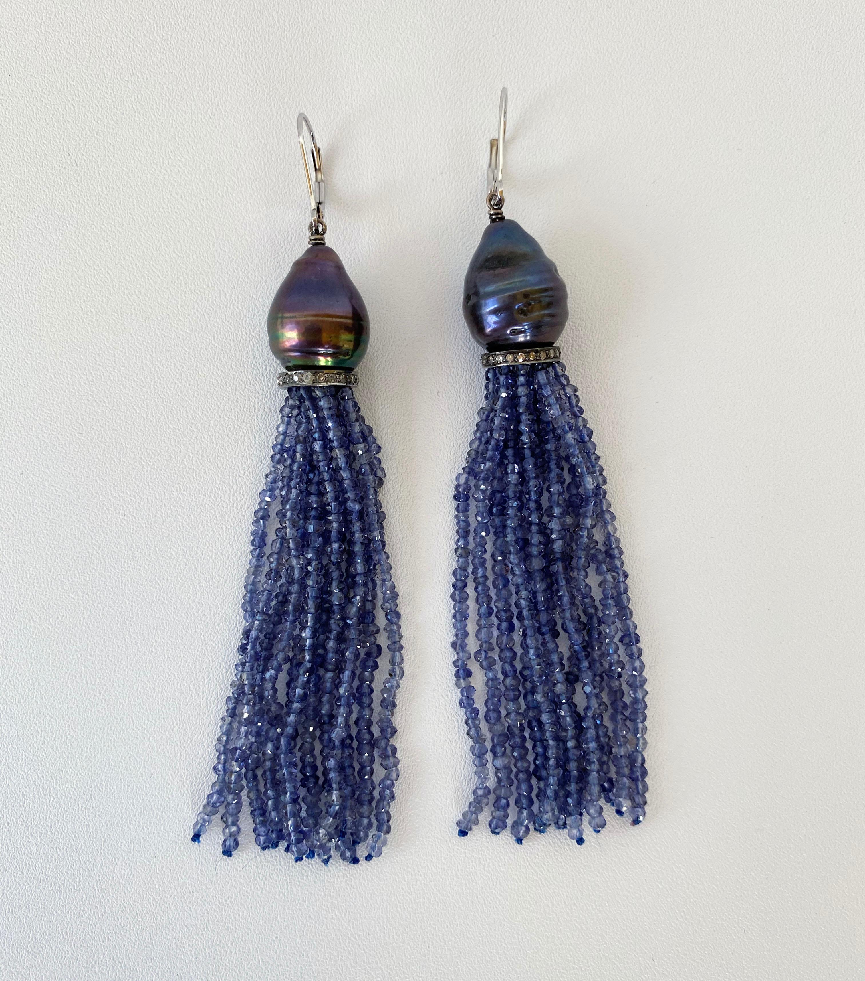 Marina J Baroque Black Pearl & Iolite Bead Tassel Earrings with Silver and Gold For Sale