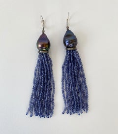 Marina J Baroque Black Pearl & Iolite Bead Tassel Earrings with Silver and Gold