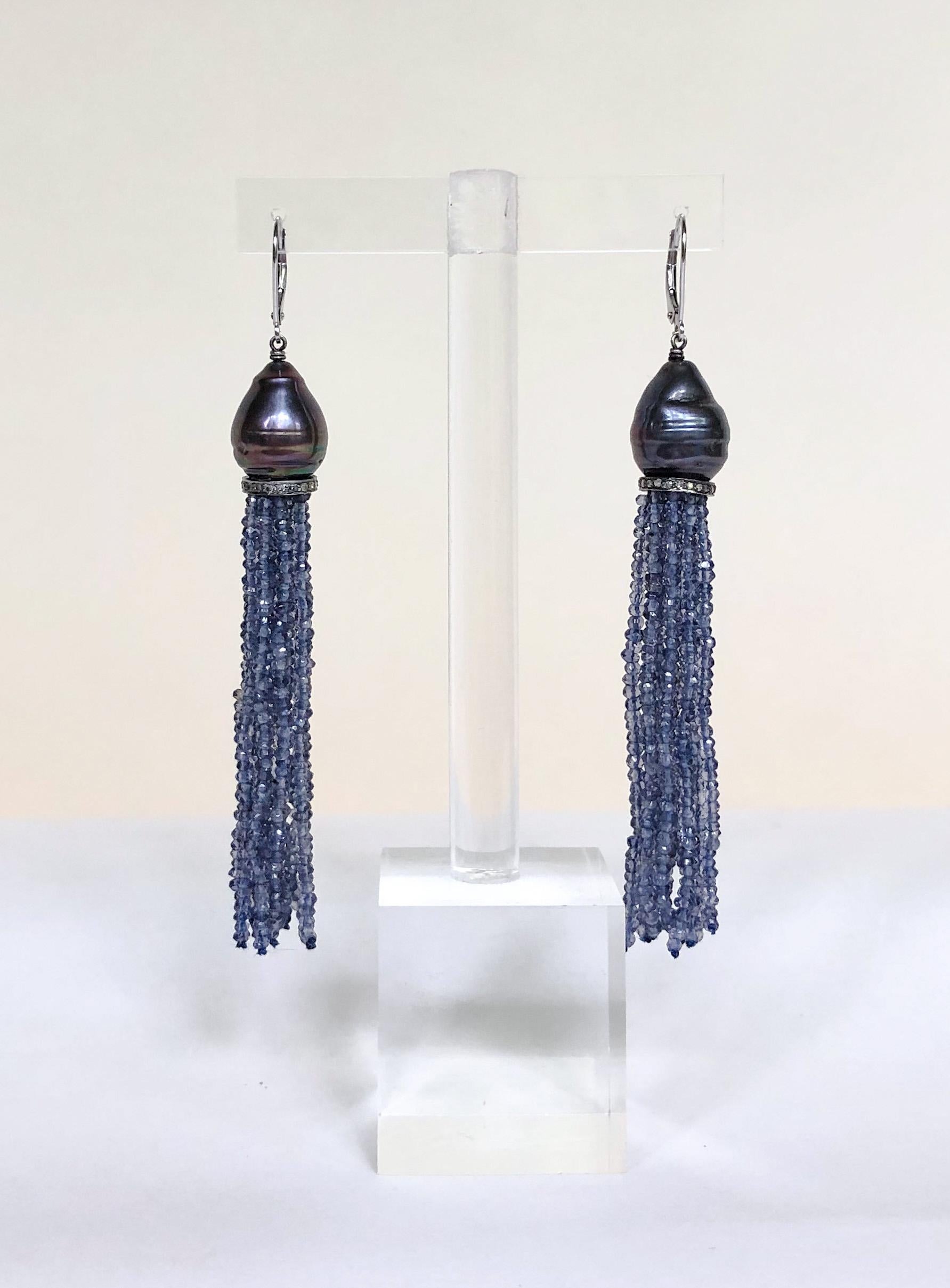 Marina J Baroque Black Pearl & Iolite Bead Tassel Earrings with Silver and Gold In New Condition For Sale In Los Angeles, CA