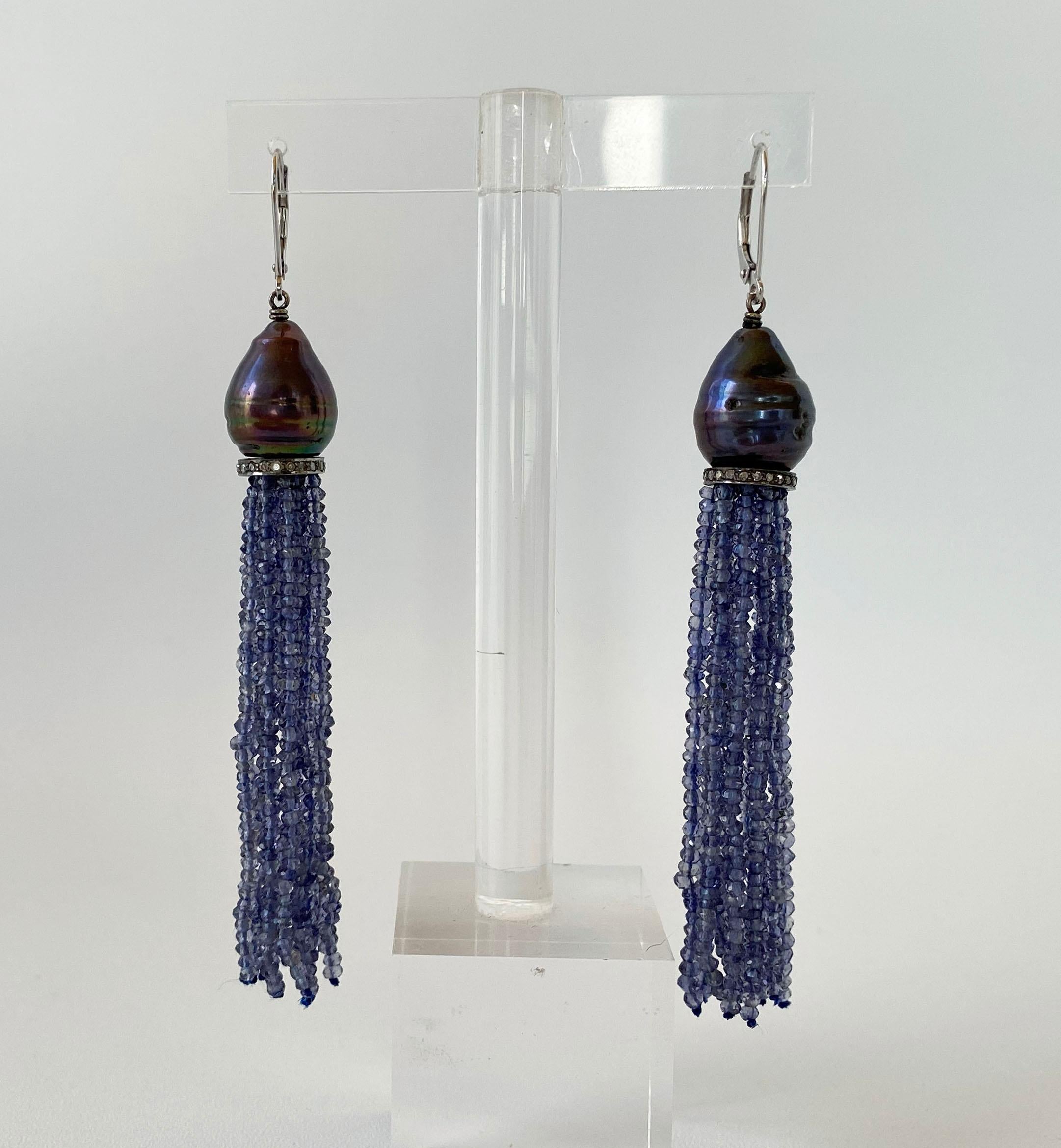 Artist Marina J Baroque Black Pearl & Iolite Bead Tassel Earrings with Silver and Gold For Sale