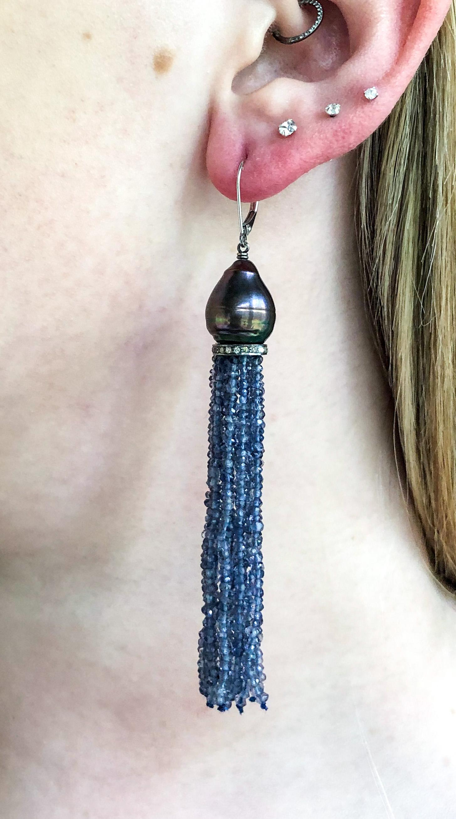 Marina J Baroque Black Pearl & Iolite Bead Tassel Earrings with Silver and Gold For Sale 1