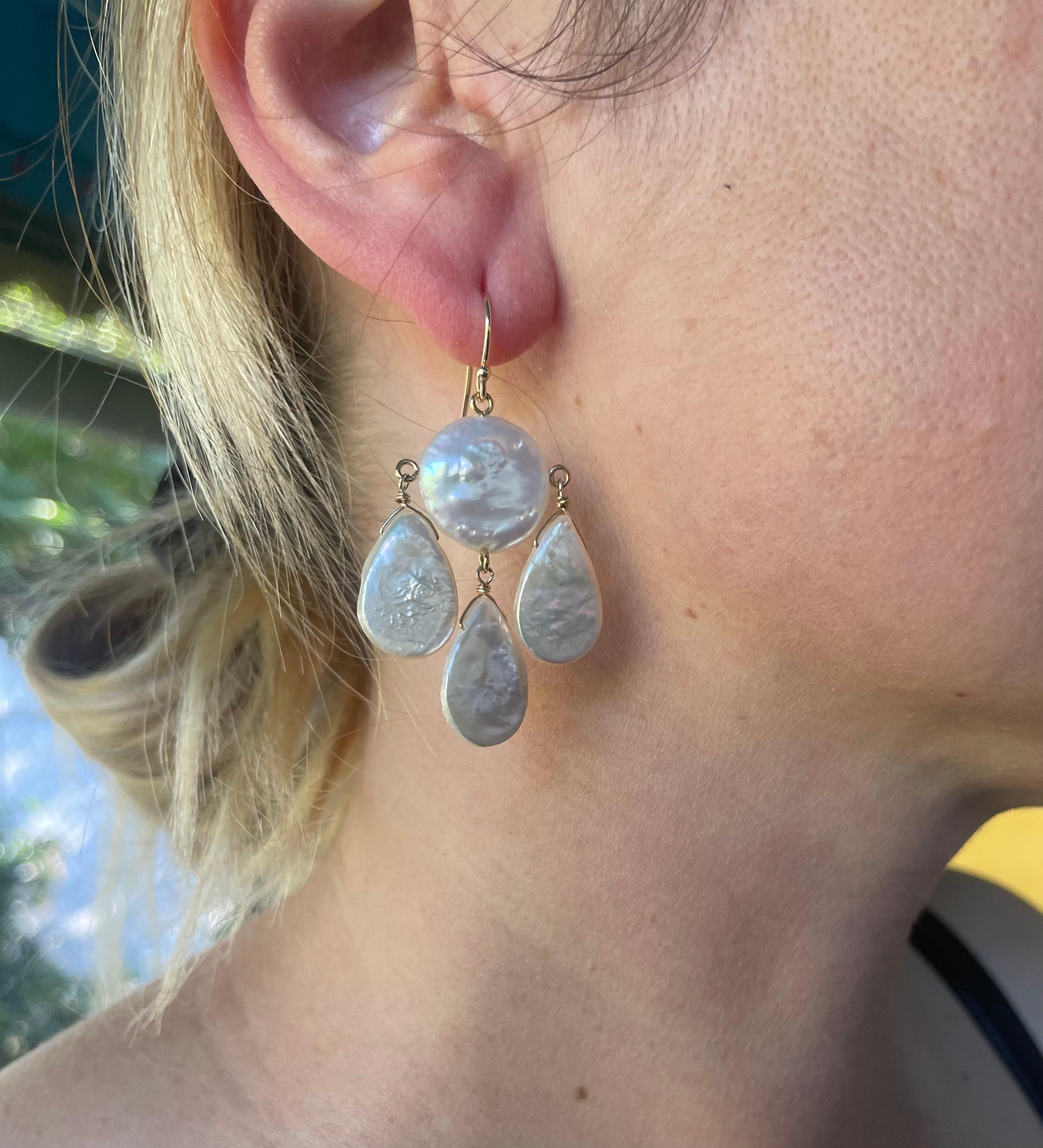 Artisan Marina J. Baroque Coin & Teardrop Pearl Chandelier Earrings with Solid 14k Gold For Sale