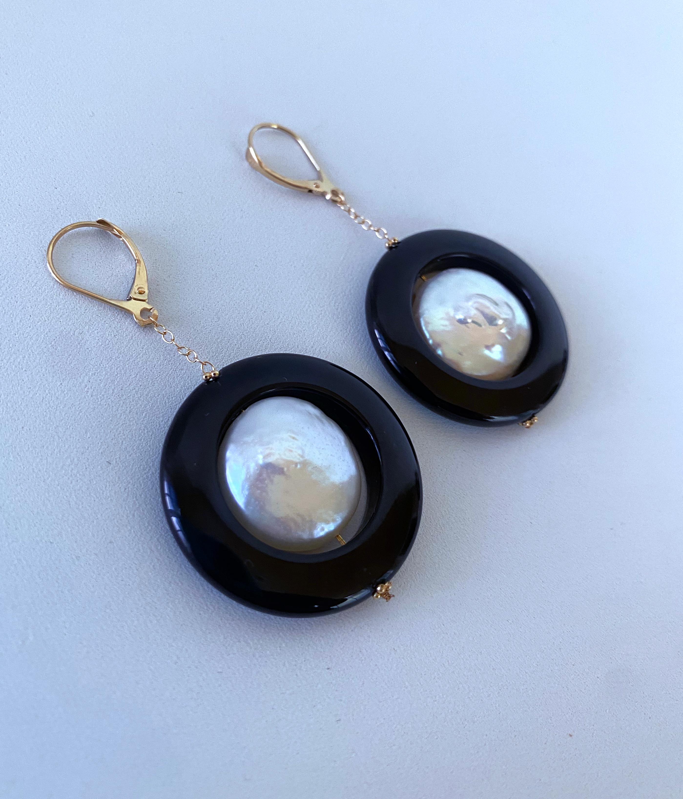 Artist Marina J. Baroque Pearl & Black Onyx Earrings with solid 14k Yellow Gold  For Sale
