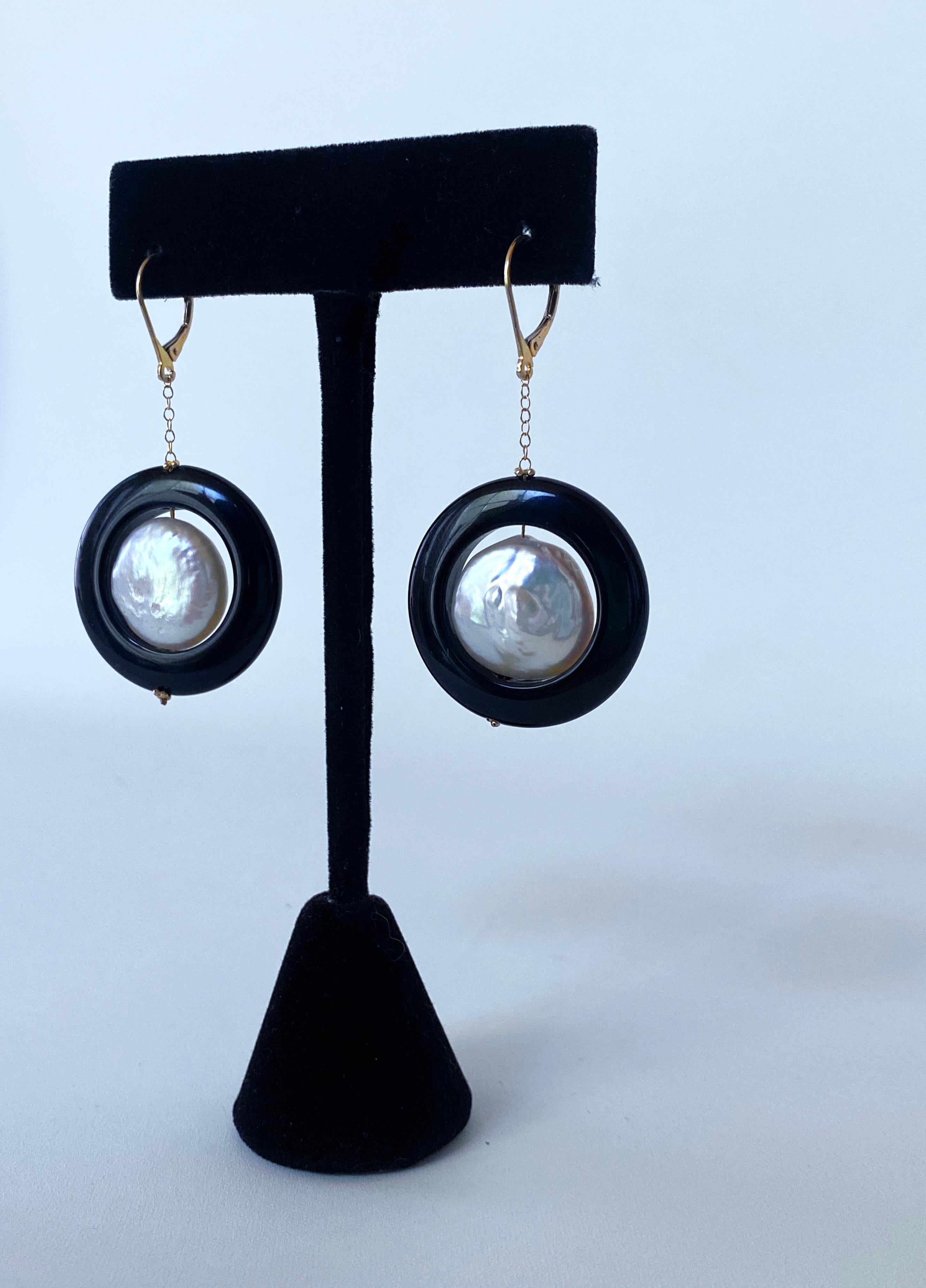 Marina J. Baroque Pearl & Black Onyx Earrings with solid 14k Yellow Gold  In New Condition For Sale In Los Angeles, CA