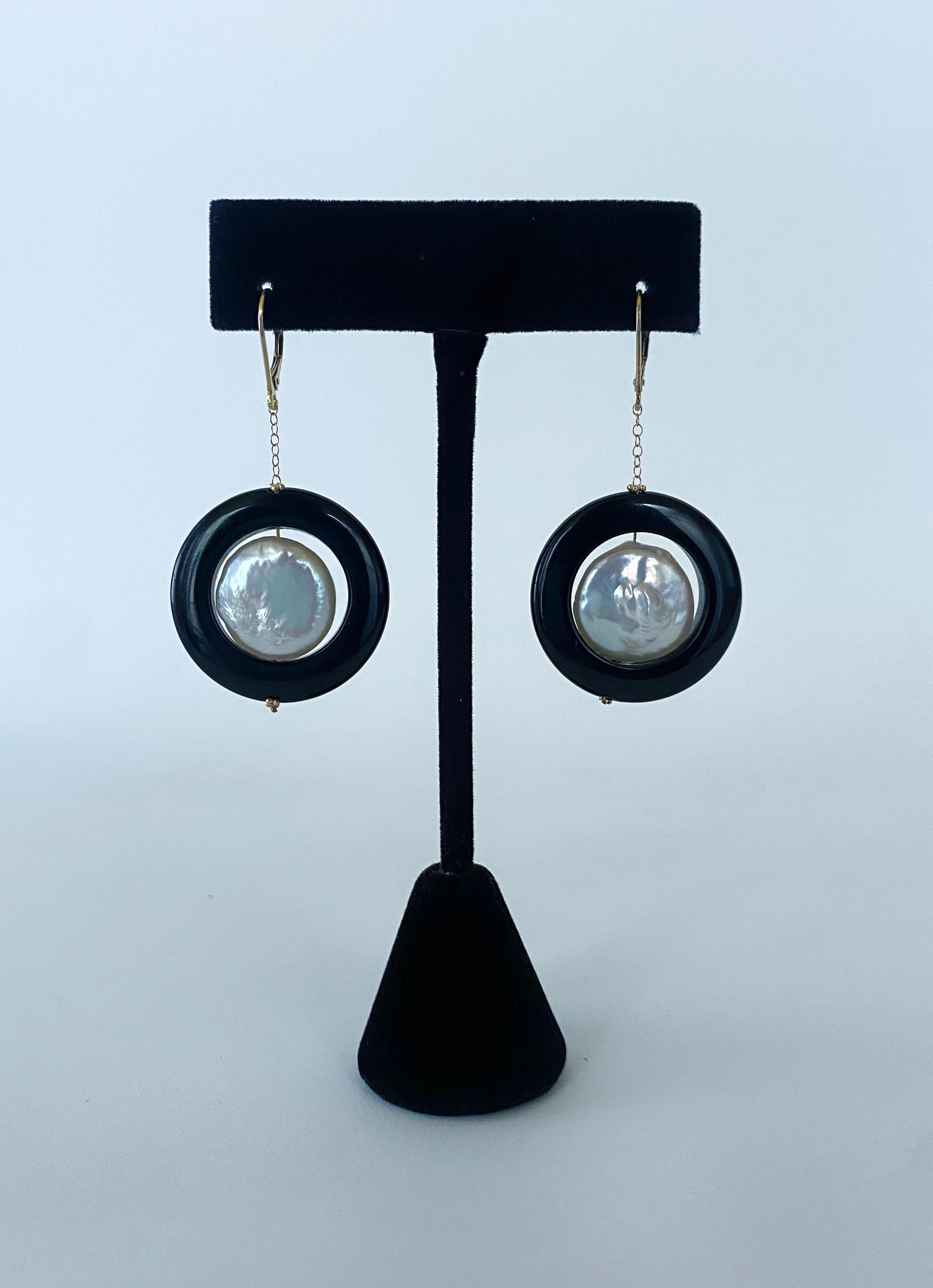 Women's or Men's Marina J. Baroque Pearl & Black Onyx Earrings with solid 14k Yellow Gold  For Sale