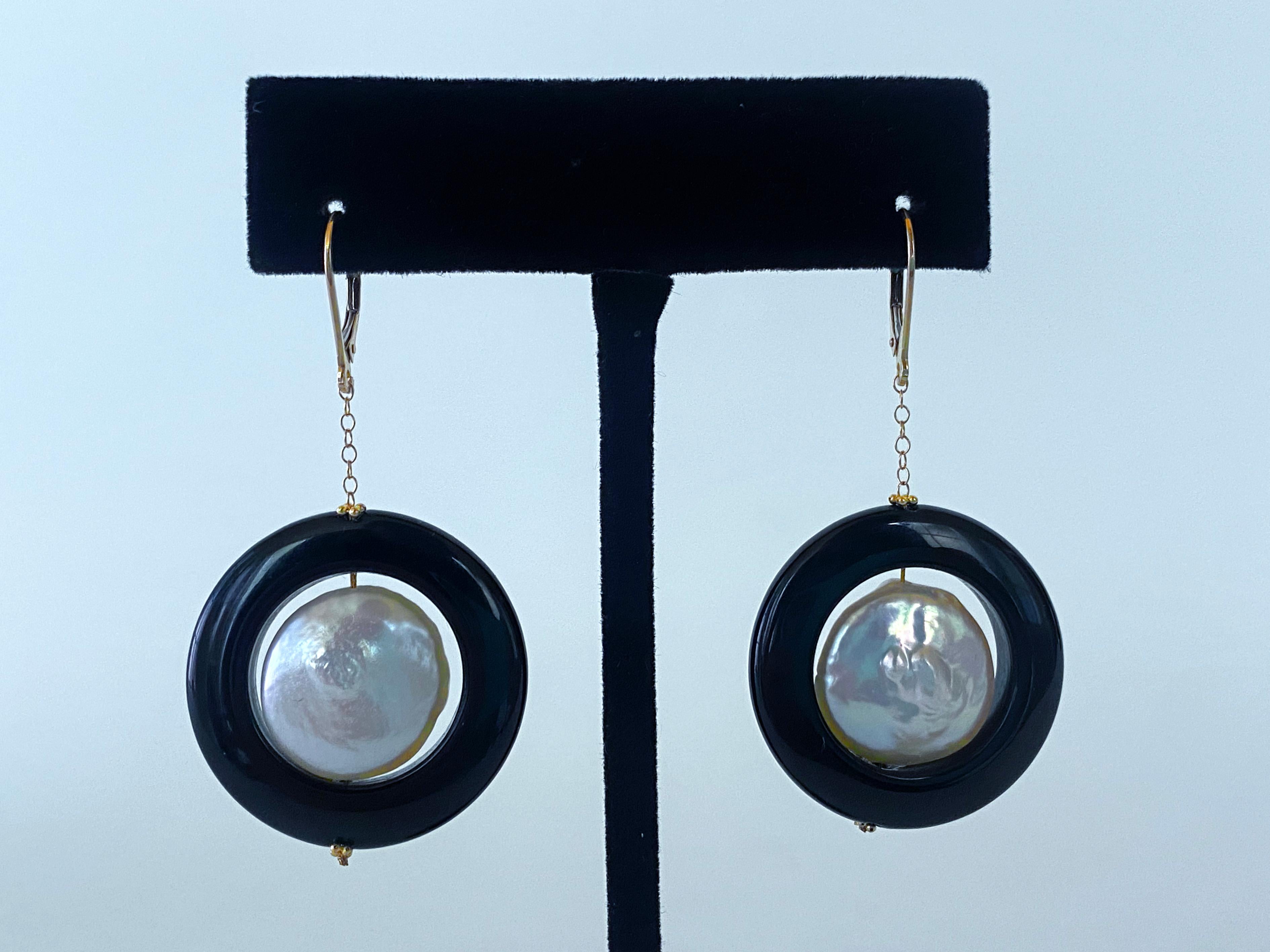 Marina J. Baroque Pearl & Black Onyx Earrings with solid 14k Yellow Gold  For Sale 1