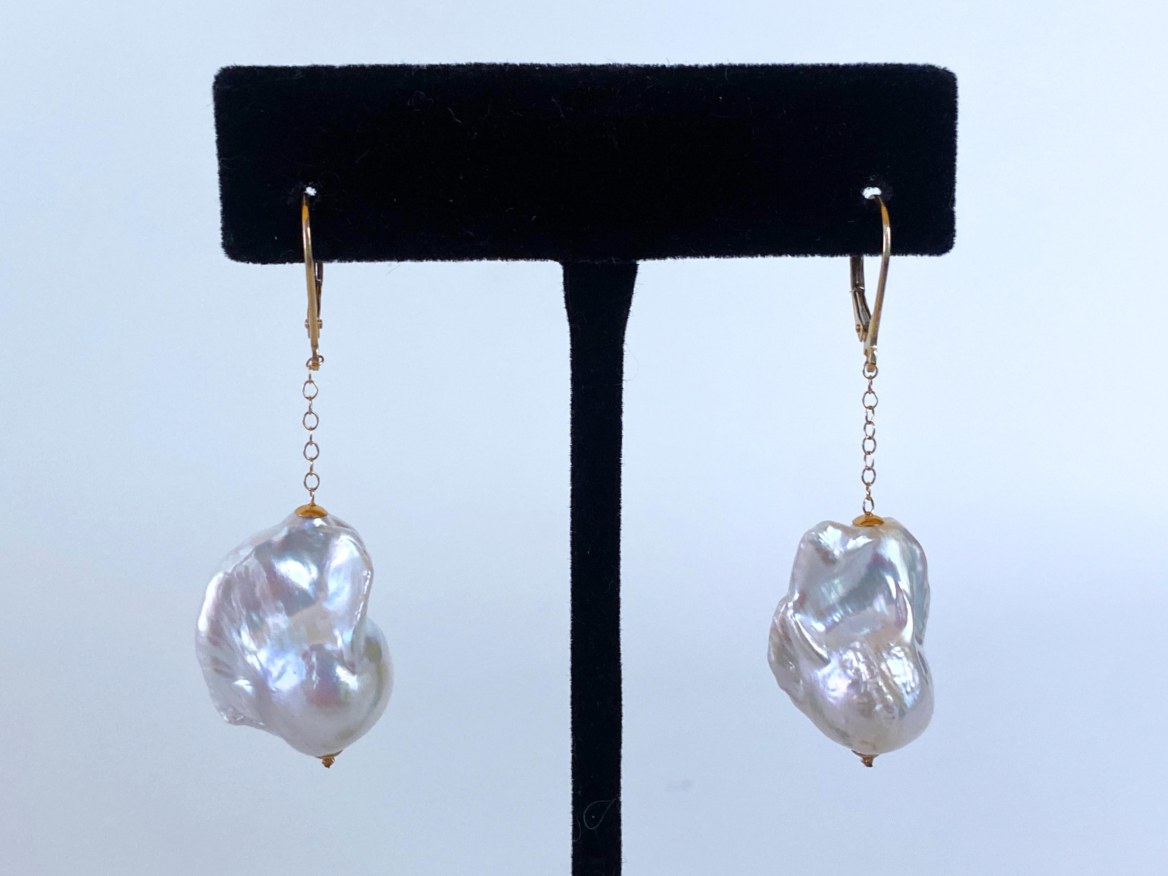 Artisan Marina J Baroque Pearl Dangle Earring with solid 14k Yellow Gold Lever Back Hook For Sale