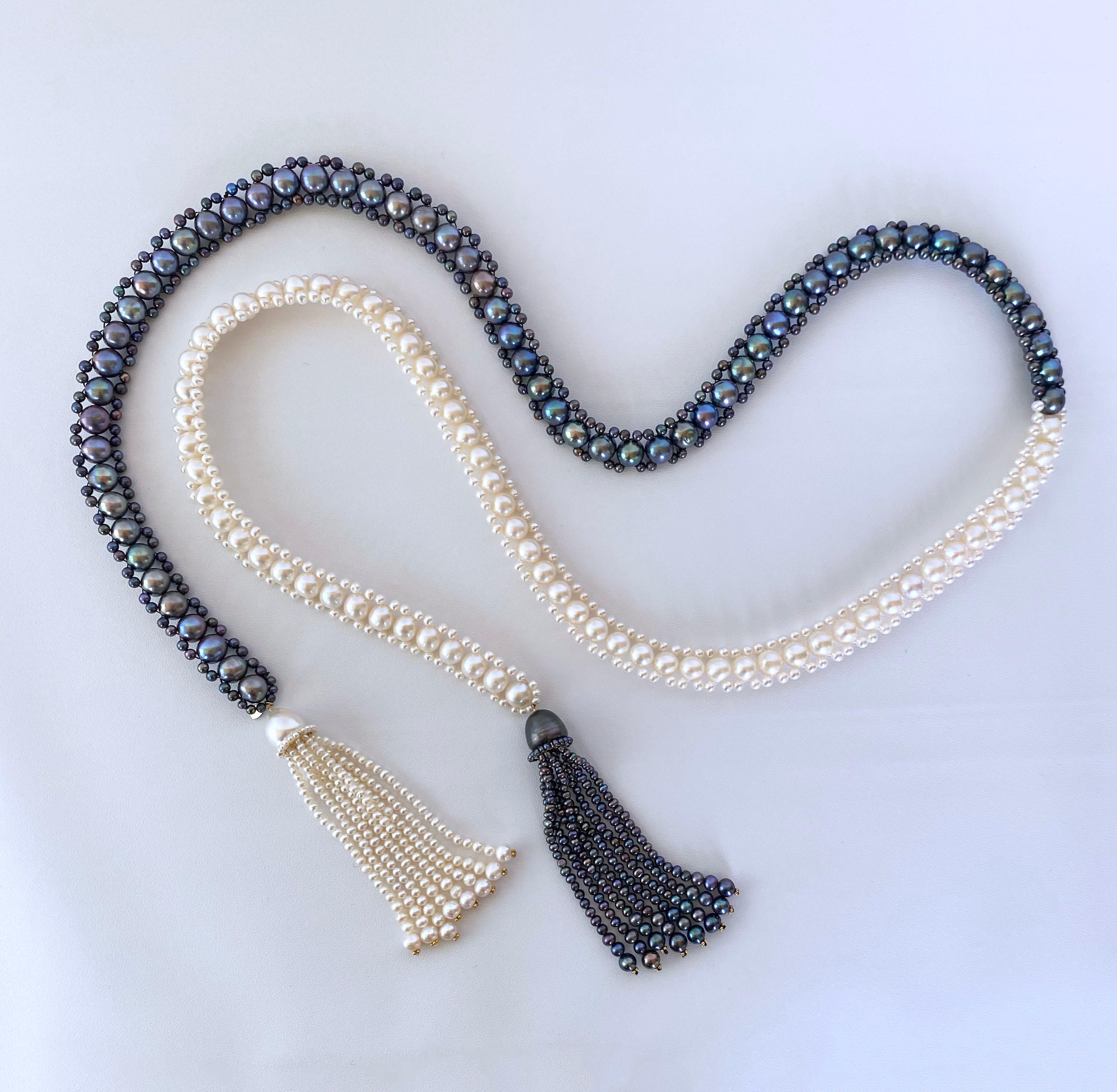 Marina J. Lariat intrecciato di perle bianche e nere con nappe di perle e oro 14K in vendita 4