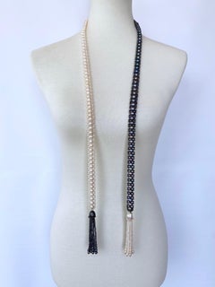 Marina J. Black and White All Pearl Woven Lariat with Pearl Tassels & 14K Gold