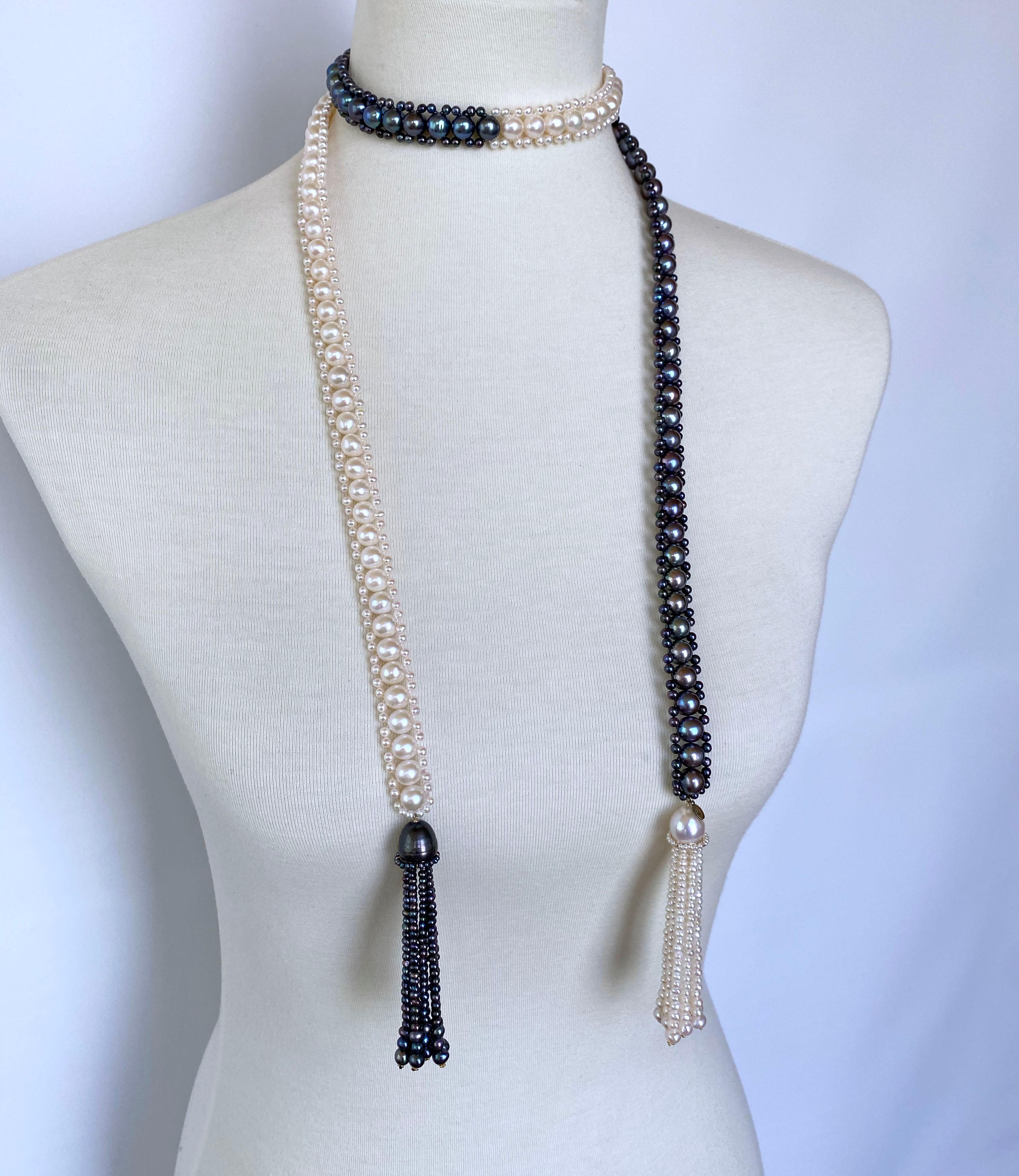 da uomo o donna Marina J. Lariat intrecciato di perle bianche e nere con nappe di perle e oro 14K in vendita