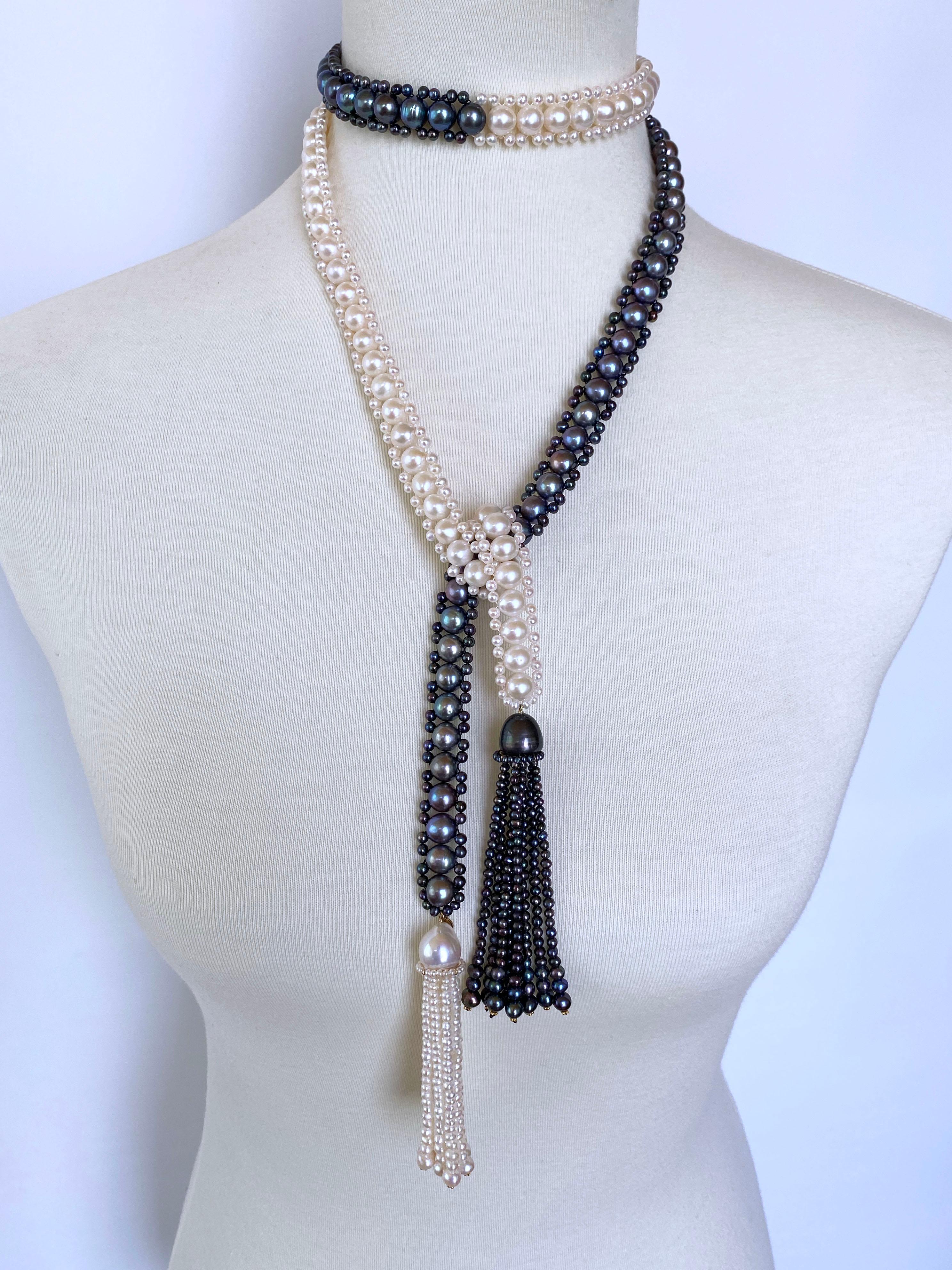 Marina J. Lariat intrecciato di perle bianche e nere con nappe di perle e oro 14K in vendita 1
