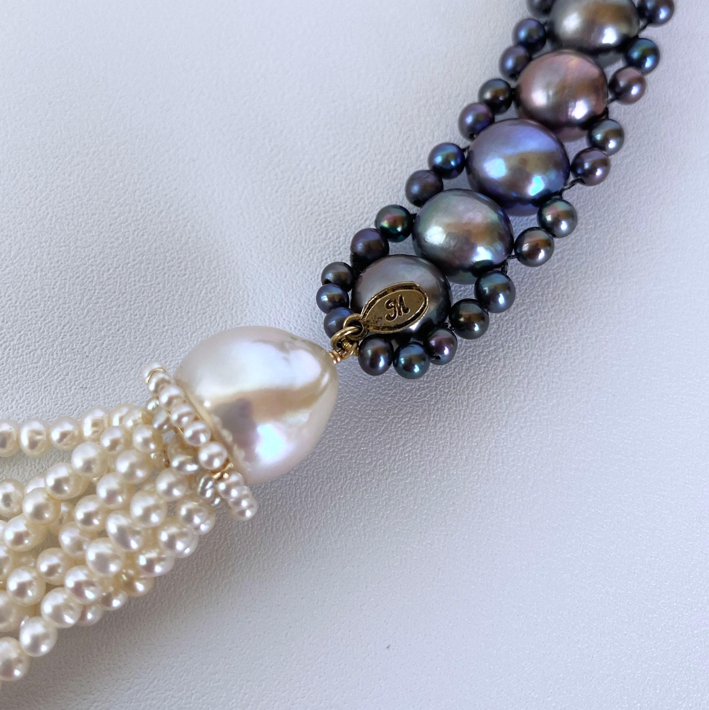 Marina J. Lariat intrecciato di perle bianche e nere con nappe di perle e oro 14K in vendita 2