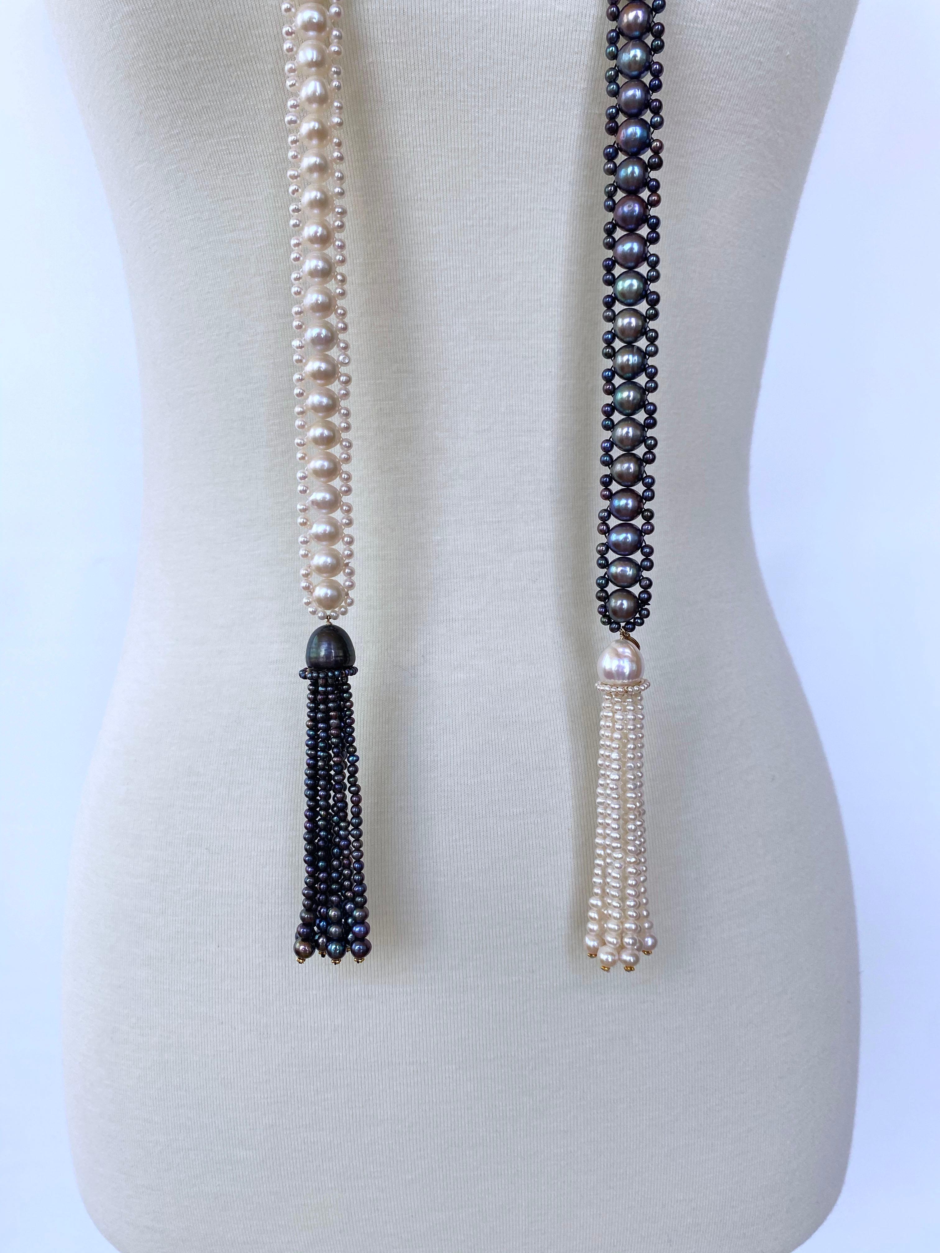 Marina J. Lariat intrecciato di perle bianche e nere con nappe di perle e oro 14K in vendita 3