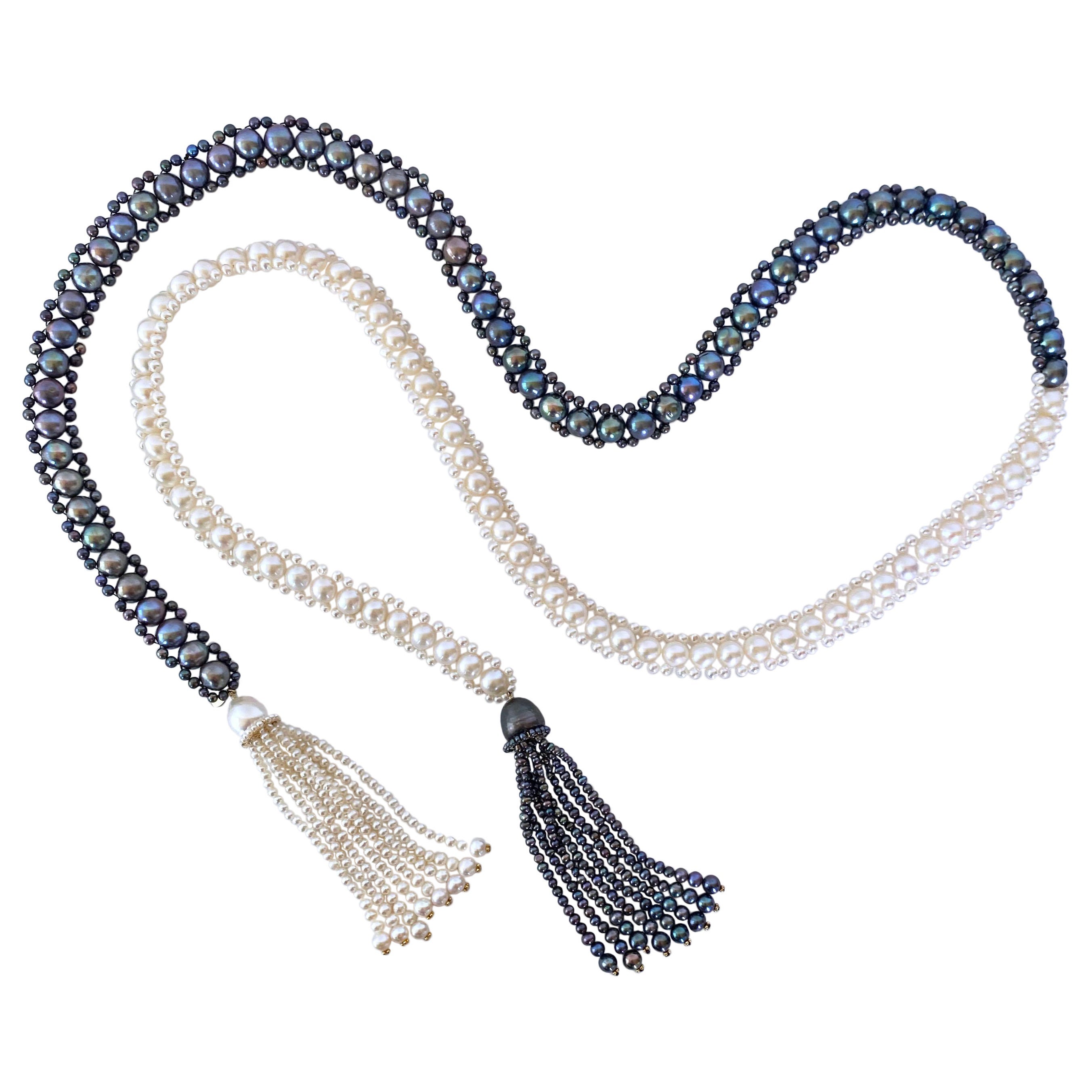 Marina J. Lariat intrecciato di perle bianche e nere con nappe di perle e oro 14K