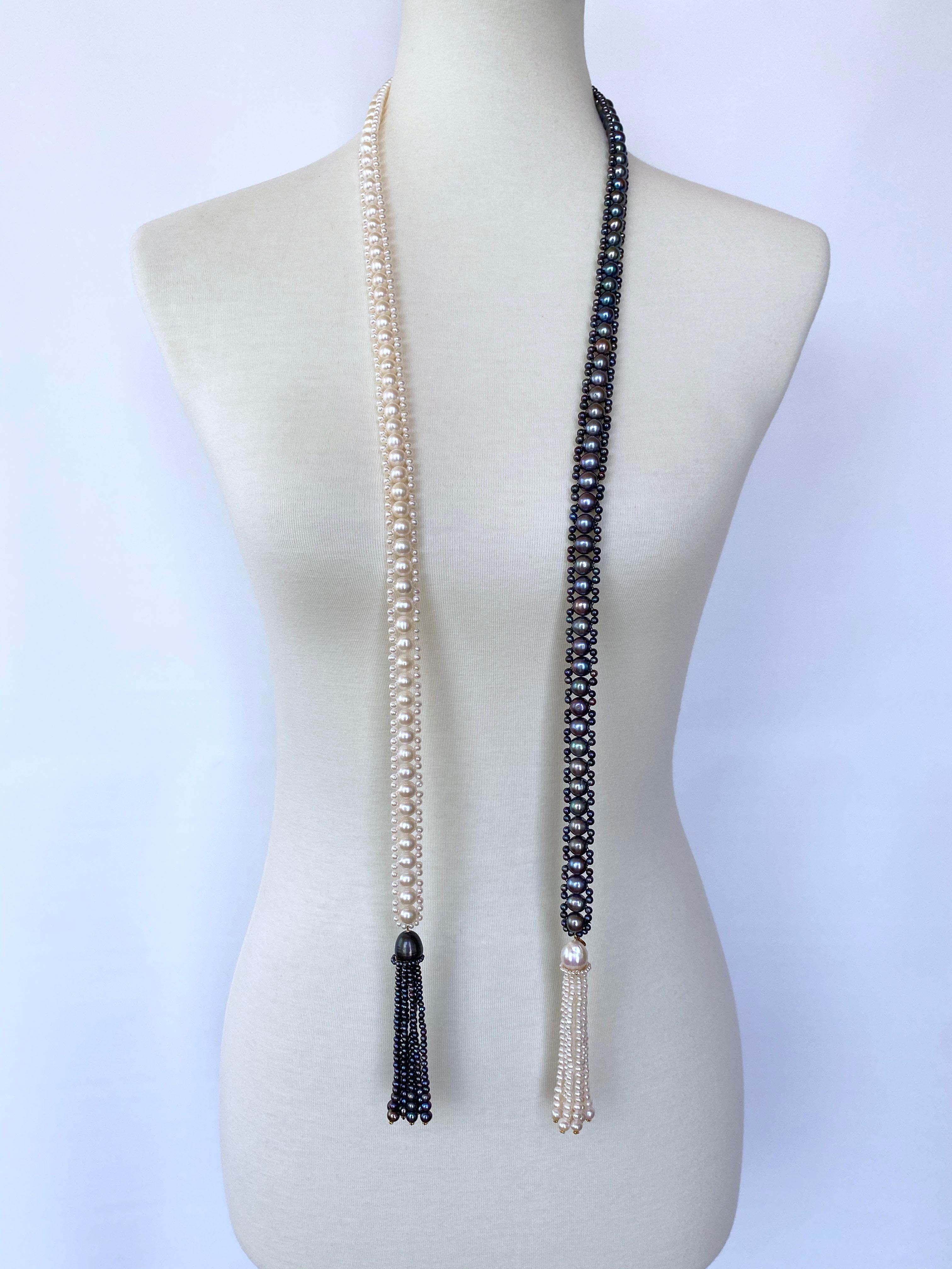 Gorgeous one of a kind Art Deco inspired two tone Sautoir Necklace hand woven by Marina J. This lovely piece is made using all Cultured Black and White Pearls (measuirng 3mm and 8mm) which all display an amazing iridescent sheen and 'oil spill'