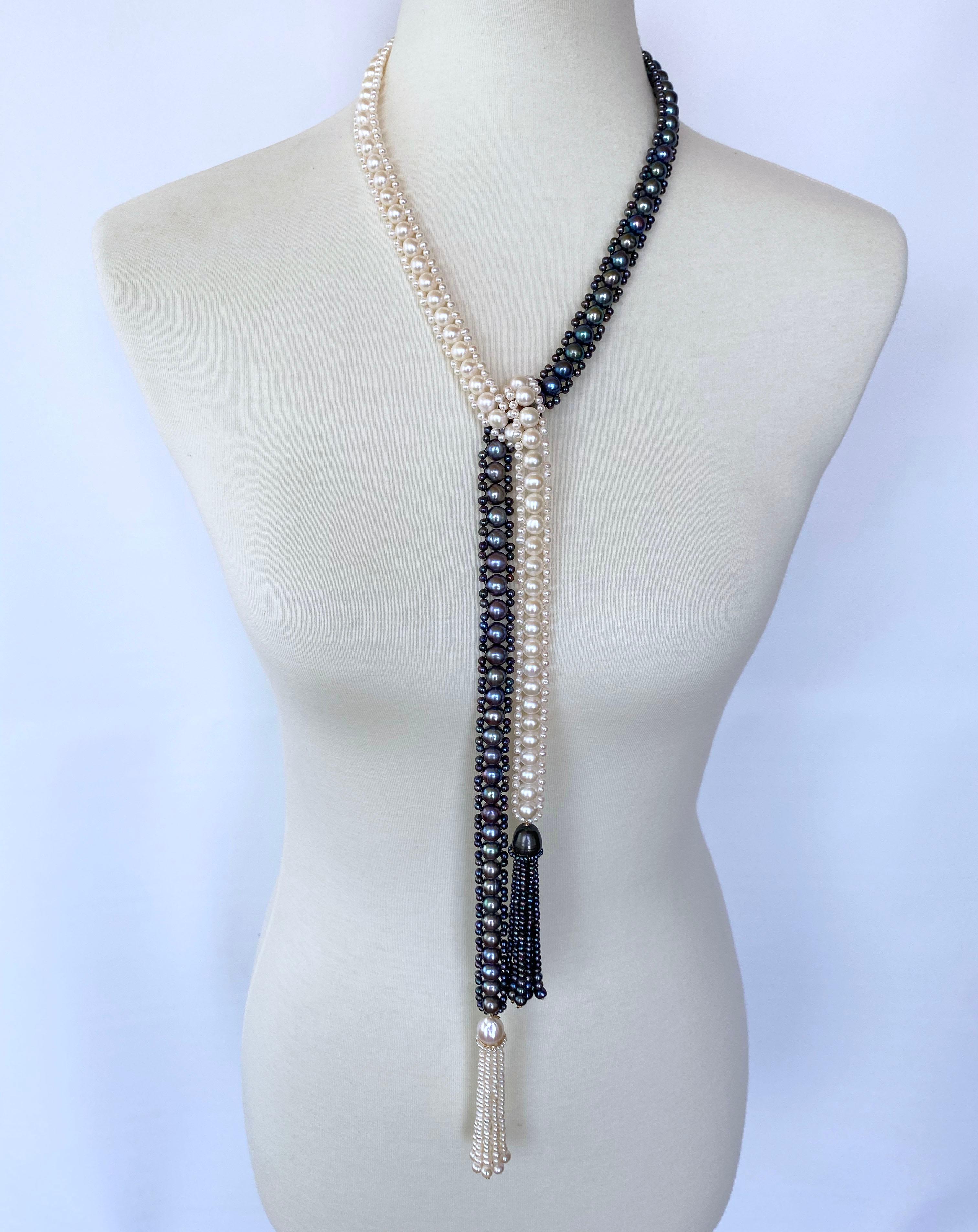 Artisan Marina J. Black and White All Pearl Woven Sautoir with pearl tassels & 14K  Gold For Sale