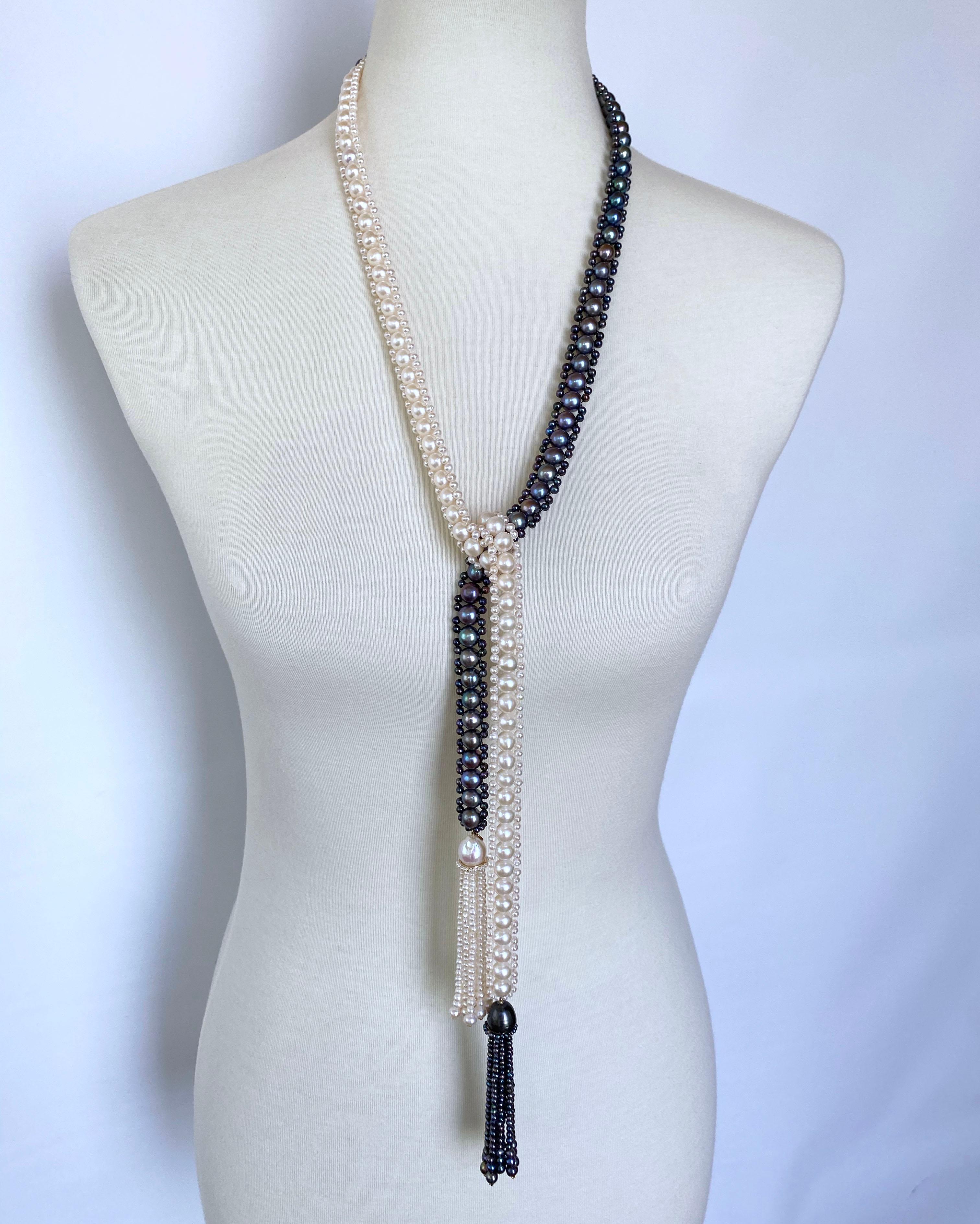 Bead Marina J. Black and White All Pearl Woven Sautoir with pearl tassels & 14K  Gold For Sale